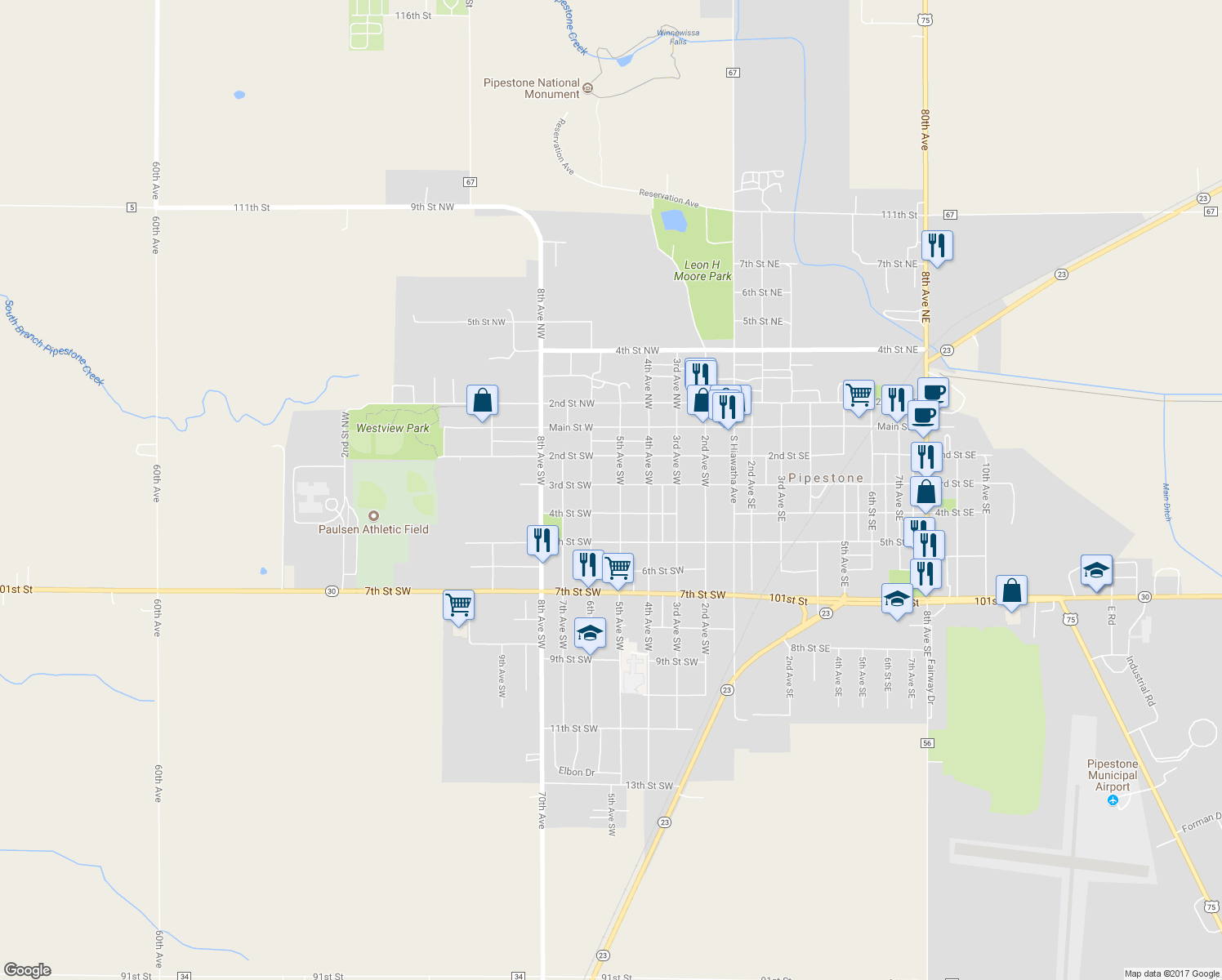 map of restaurants, bars, coffee shops, grocery stores, and more near 510 3rd Street Southwest in Pipestone