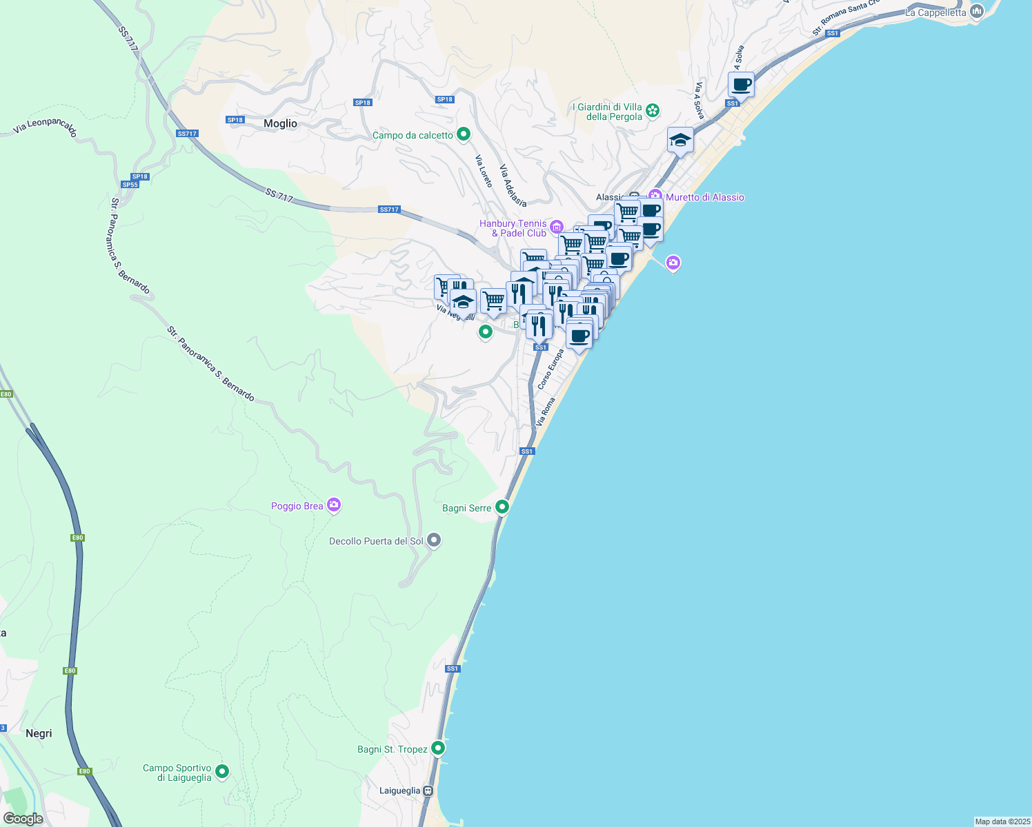 map of restaurants, bars, coffee shops, grocery stores, and more near 5 Via Napoleone Buonaparte in Alassio