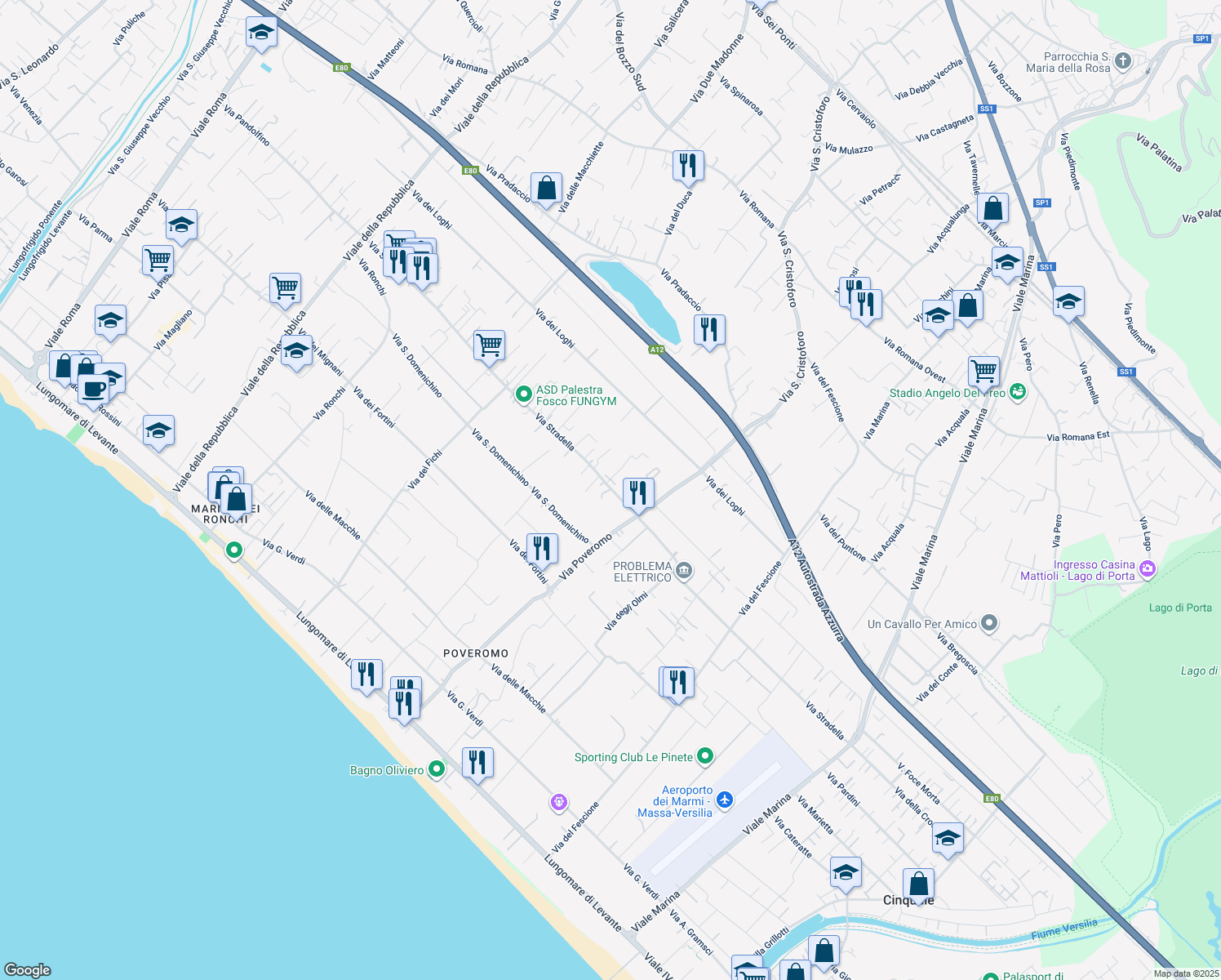 map of restaurants, bars, coffee shops, grocery stores, and more near 112 Via Stradella in Massa
