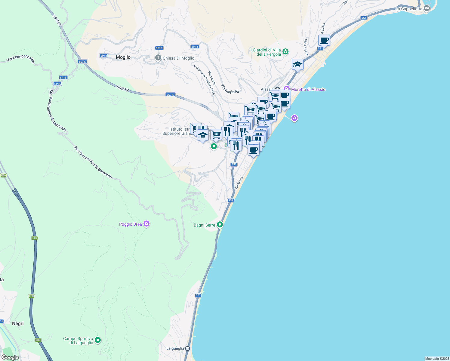 map of restaurants, bars, coffee shops, grocery stores, and more near 5 Via Napoleone Bonaparte in Alassio