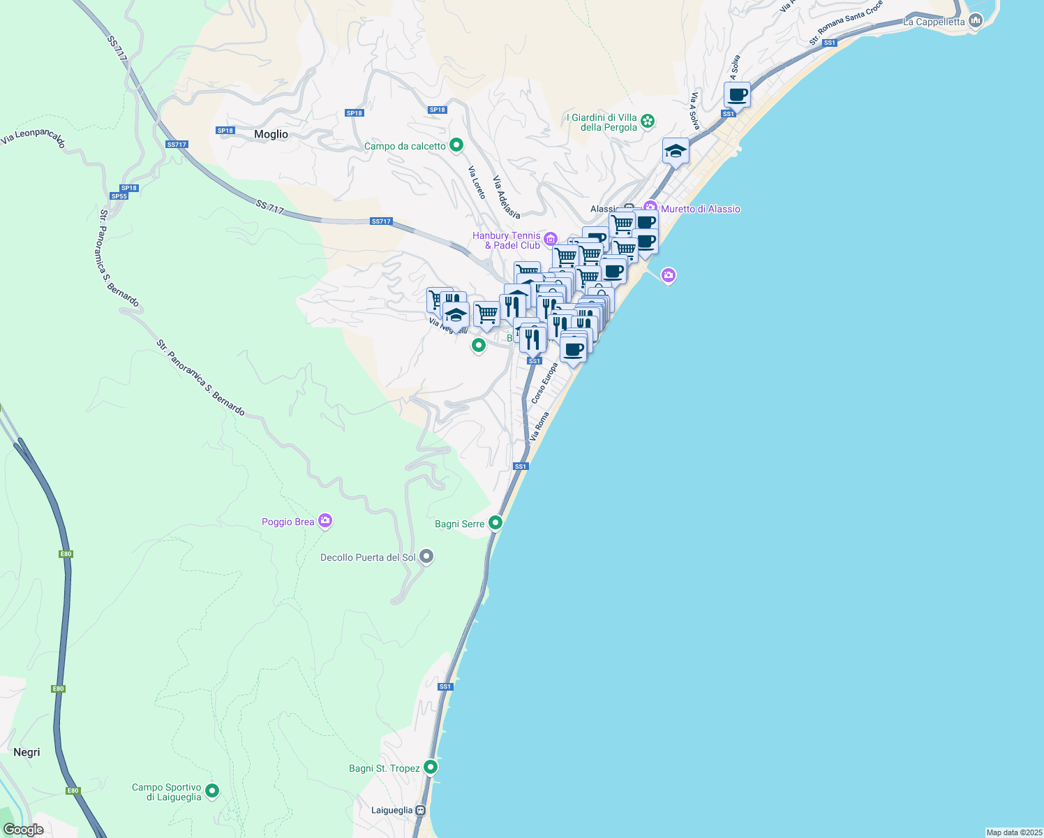 map of restaurants, bars, coffee shops, grocery stores, and more near 5 Via Napoleone Bonaparte in Alassio