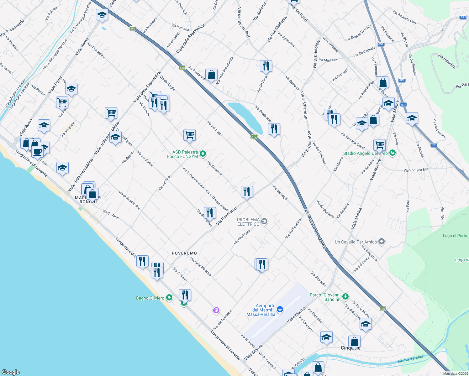 map of restaurants, bars, coffee shops, grocery stores, and more near 112 Via Stradella in Massa