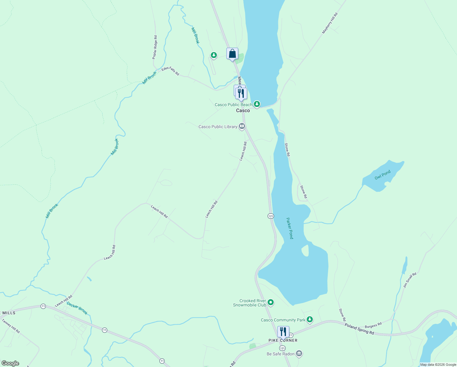 map of restaurants, bars, coffee shops, grocery stores, and more near 86 Leach Hill Road in Casco
