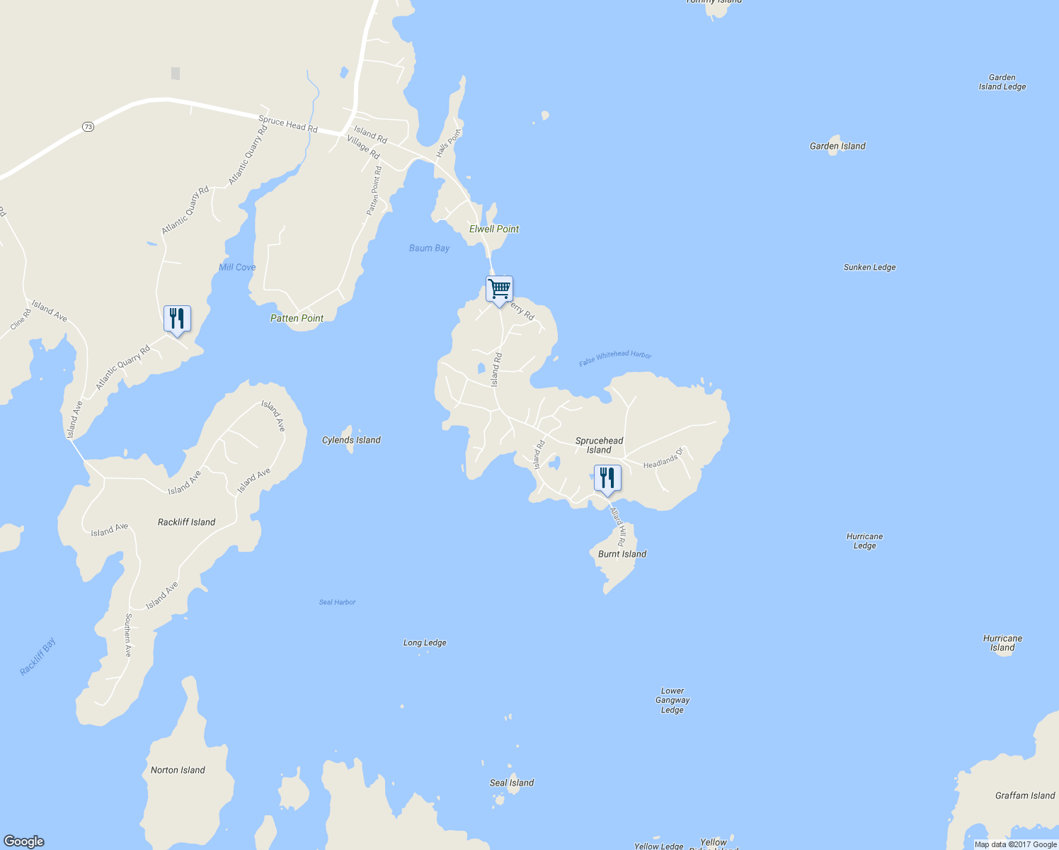map of restaurants, bars, coffee shops, grocery stores, and more near 244 Island Road in South Thomaston