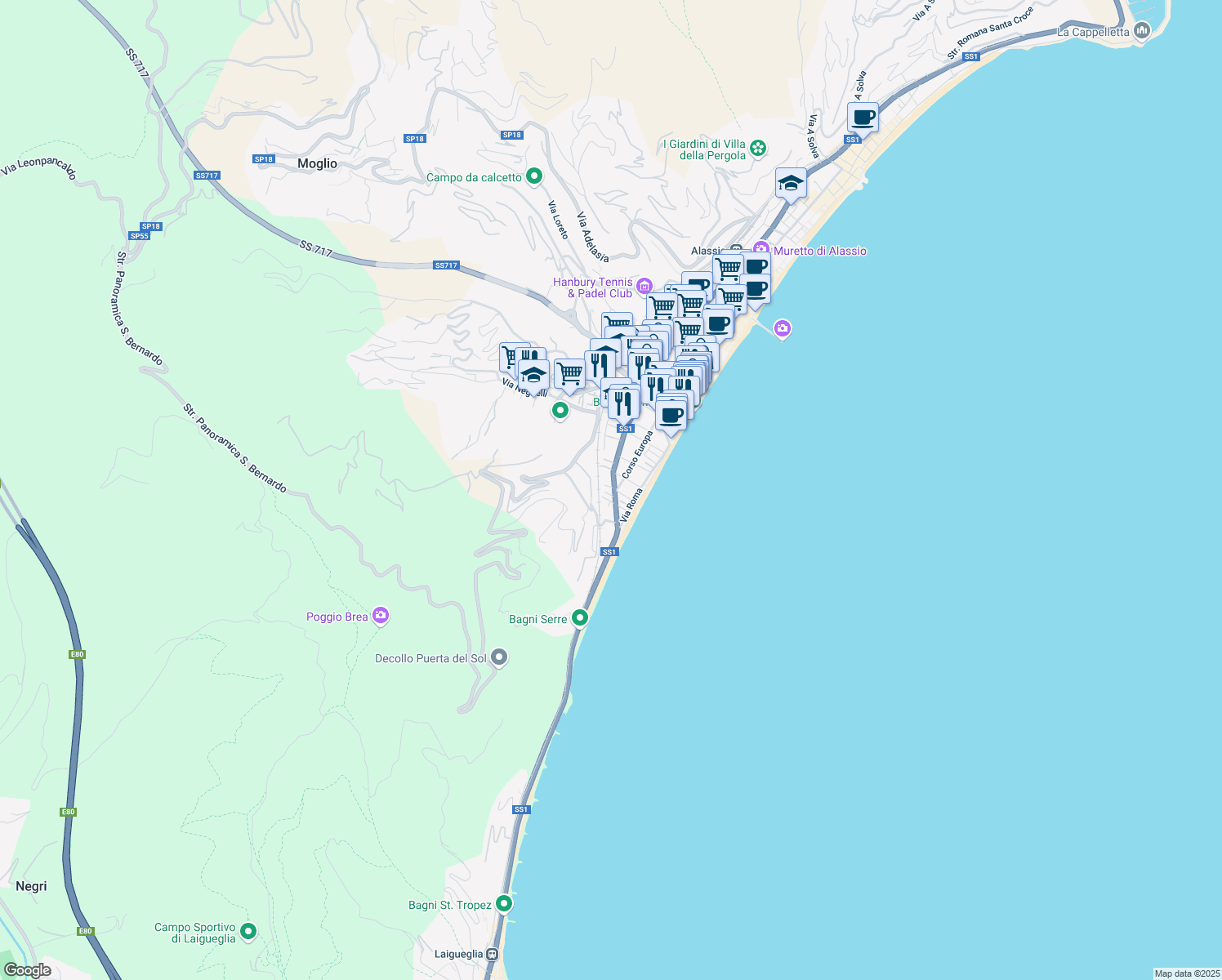 map of restaurants, bars, coffee shops, grocery stores, and more near 3 Via Privata Romana in Alassio