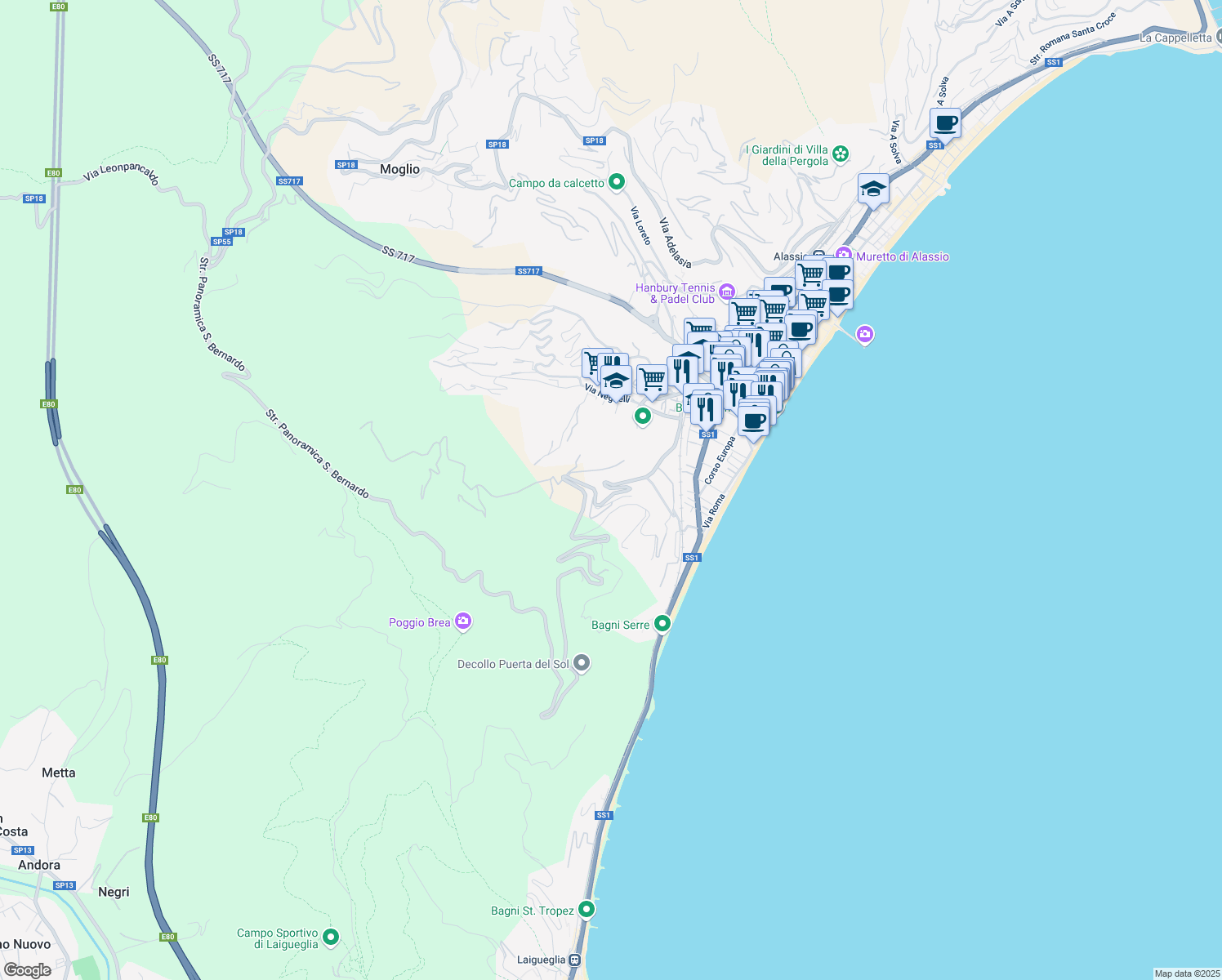 map of restaurants, bars, coffee shops, grocery stores, and more near 40 Via Luigi Borri in Alassio