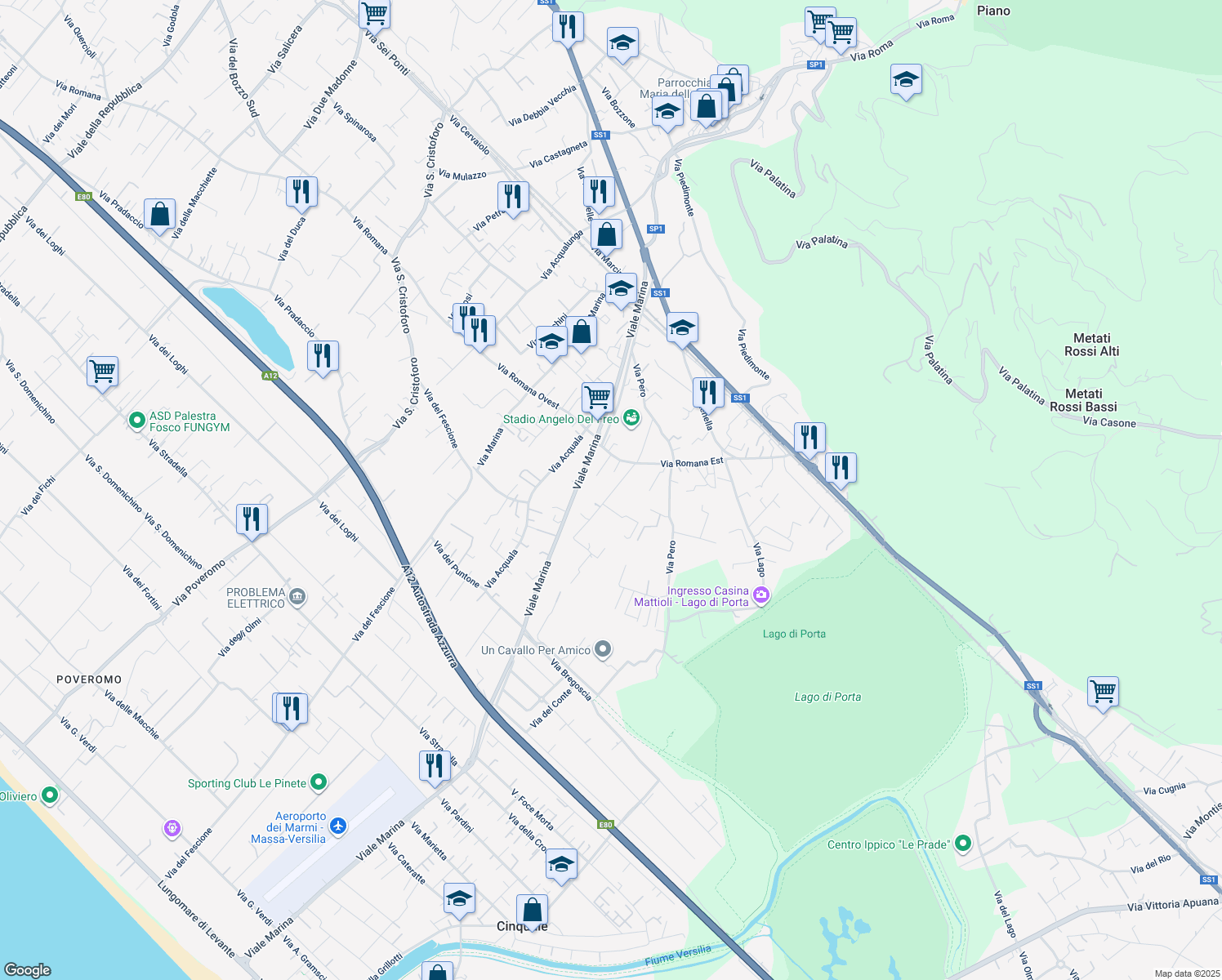 map of restaurants, bars, coffee shops, grocery stores, and more near 4C Via Romana Est in Capanne-Prato-Cinquale