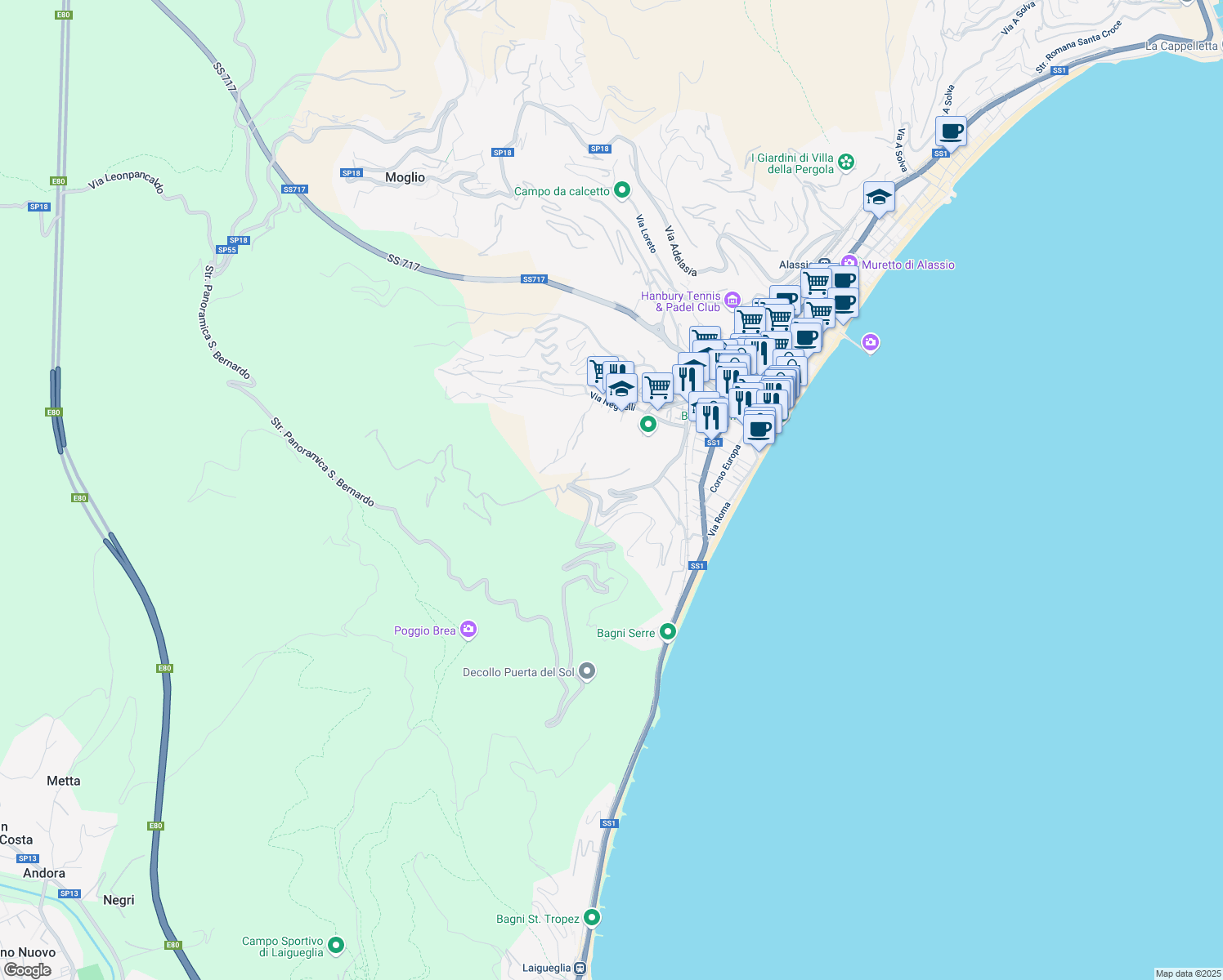 map of restaurants, bars, coffee shops, grocery stores, and more near 40 Via Luigi Borri in Alassio