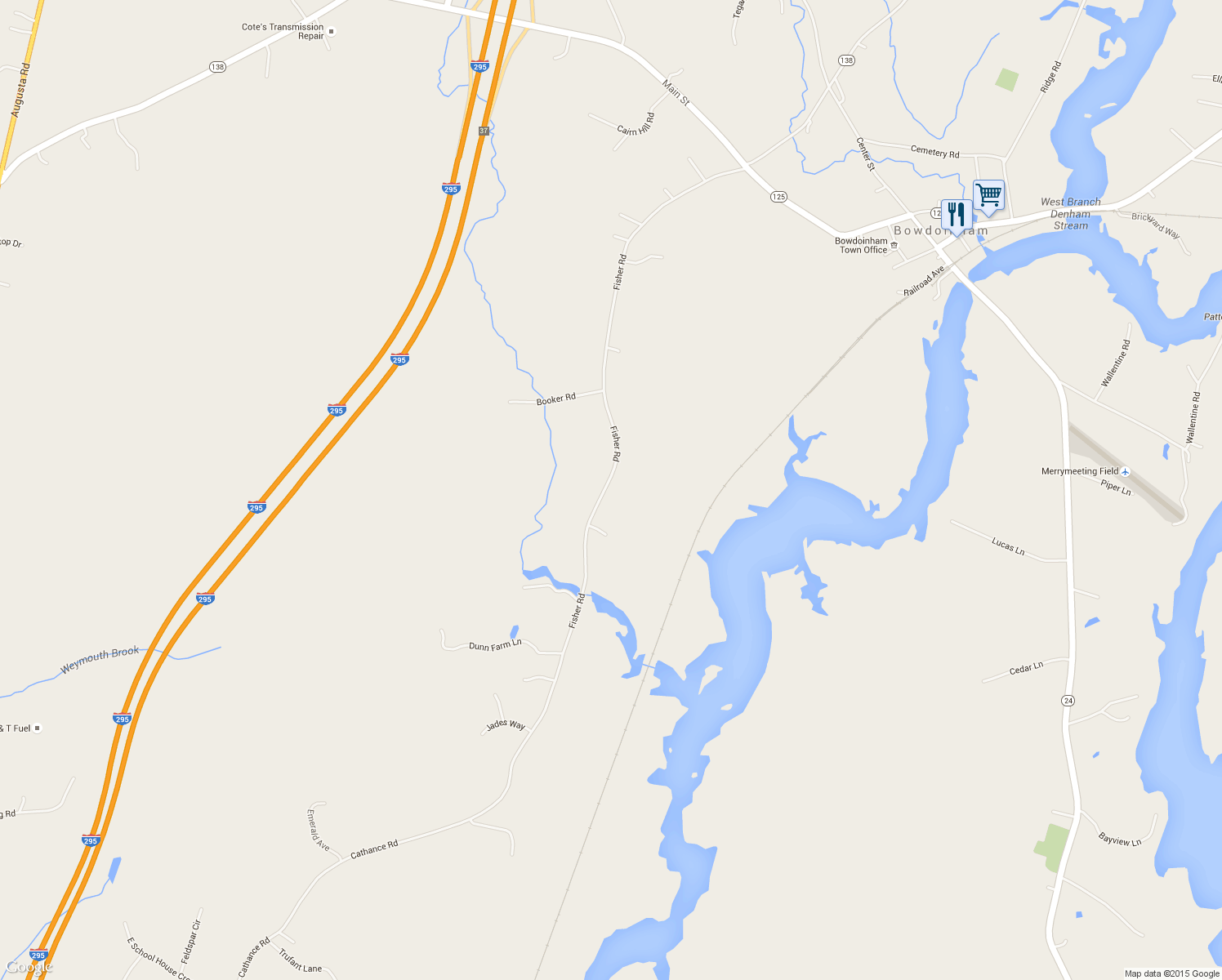 map of restaurants, bars, coffee shops, grocery stores, and more near 220 Fisher Rd in Bowdoinham