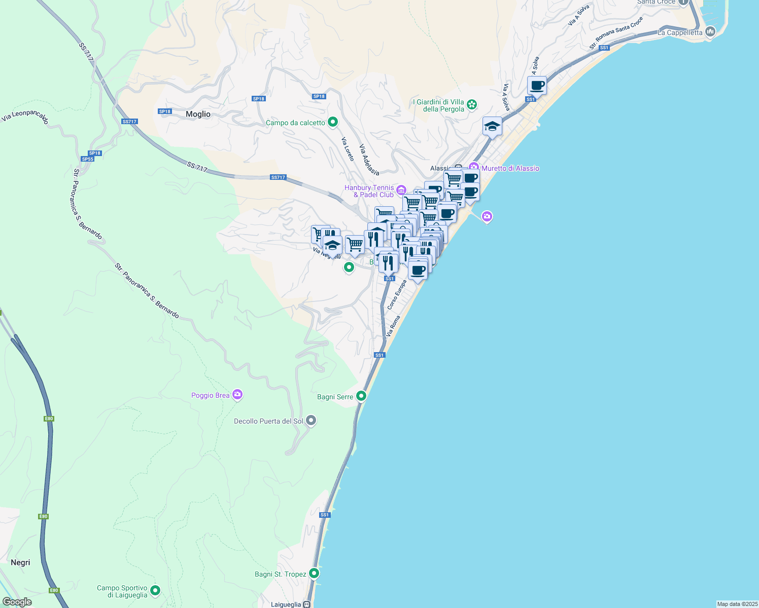 map of restaurants, bars, coffee shops, grocery stores, and more near 3 Via Privata Piani Romani in Alassio
