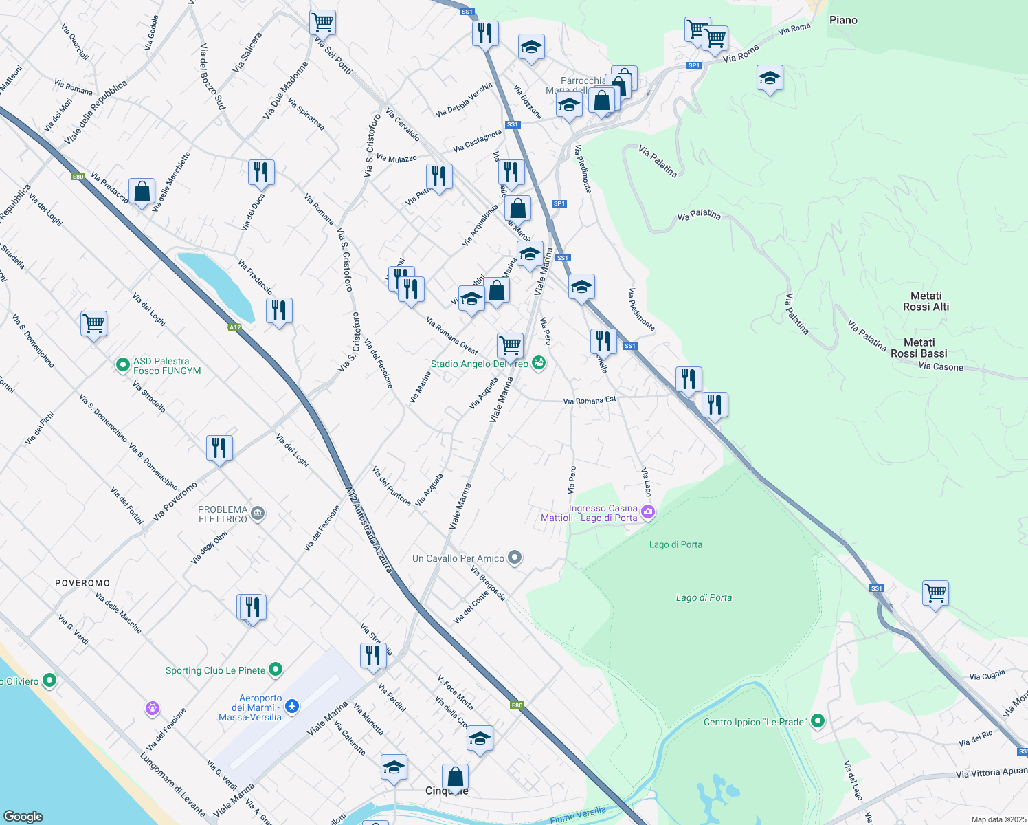 map of restaurants, bars, coffee shops, grocery stores, and more near 4/C Via Romana Est in Capanne-Prato-Cinquale