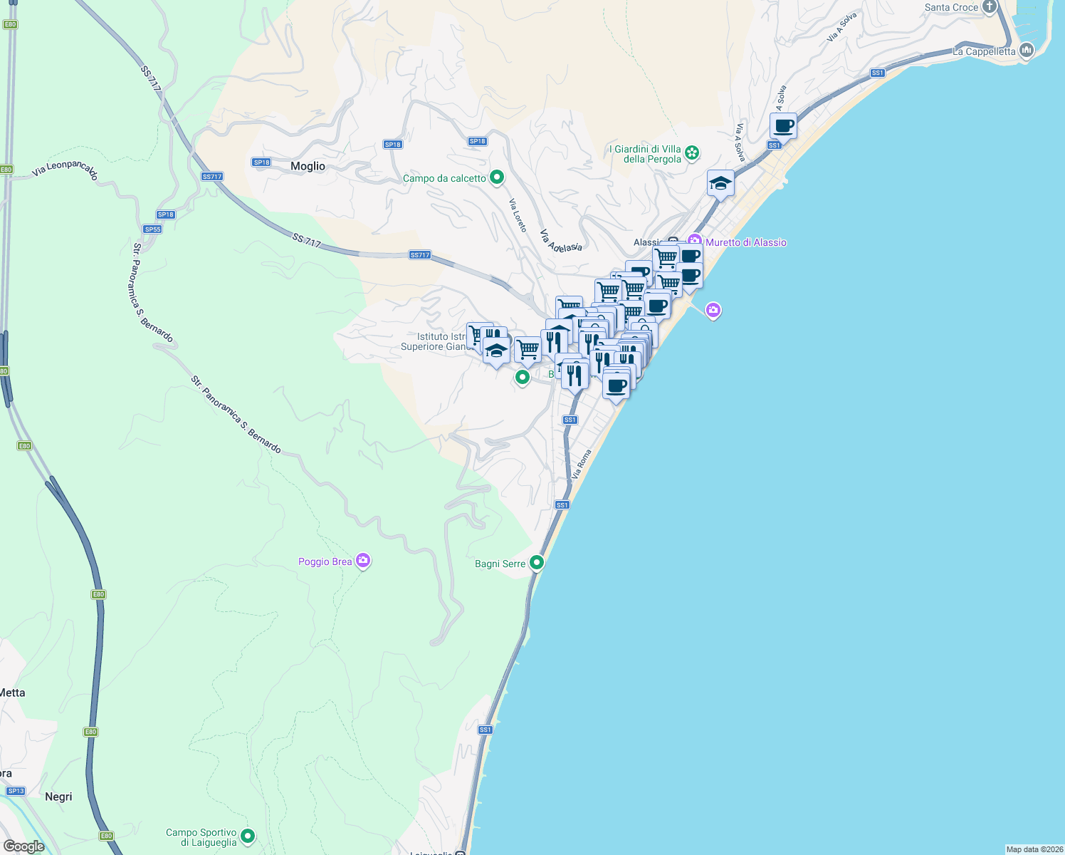 map of restaurants, bars, coffee shops, grocery stores, and more near 15 Via Ignazio dell'Oro in Alassio