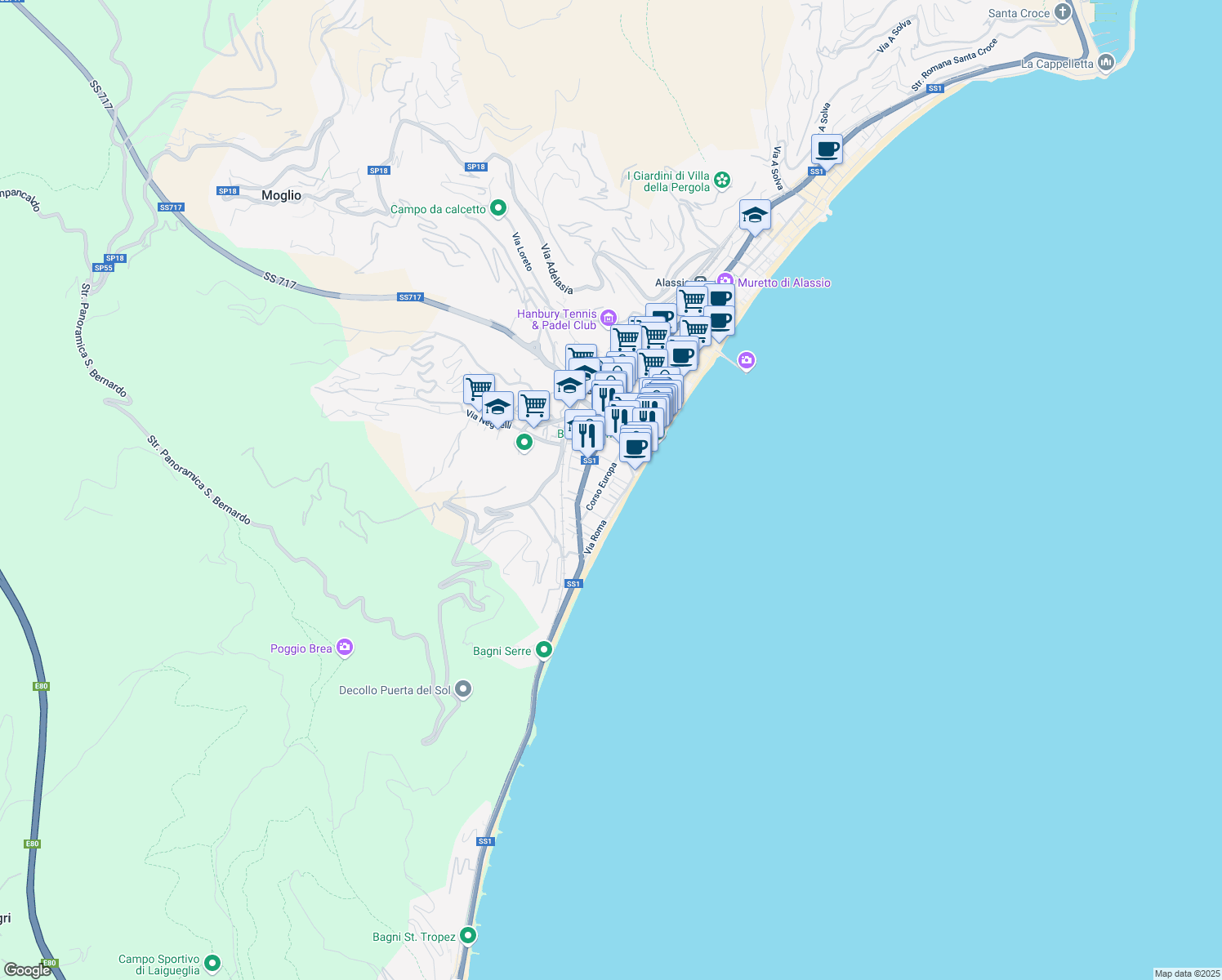 map of restaurants, bars, coffee shops, grocery stores, and more near 42 Via Roma in Alassio
