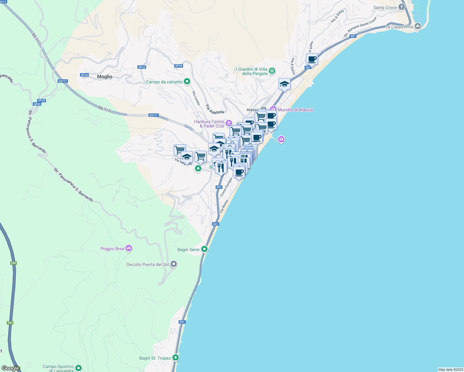 map of restaurants, bars, coffee shops, grocery stores, and more near 42 Via Roma in Alassio