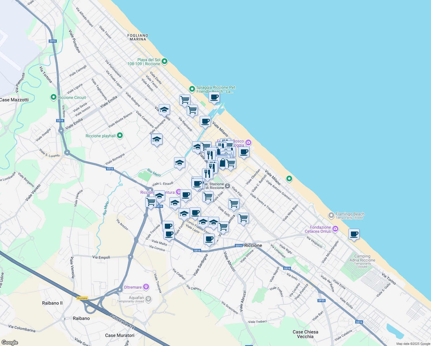 map of restaurants, bars, coffee shops, grocery stores, and more near 1 Via Catullo in Riccione