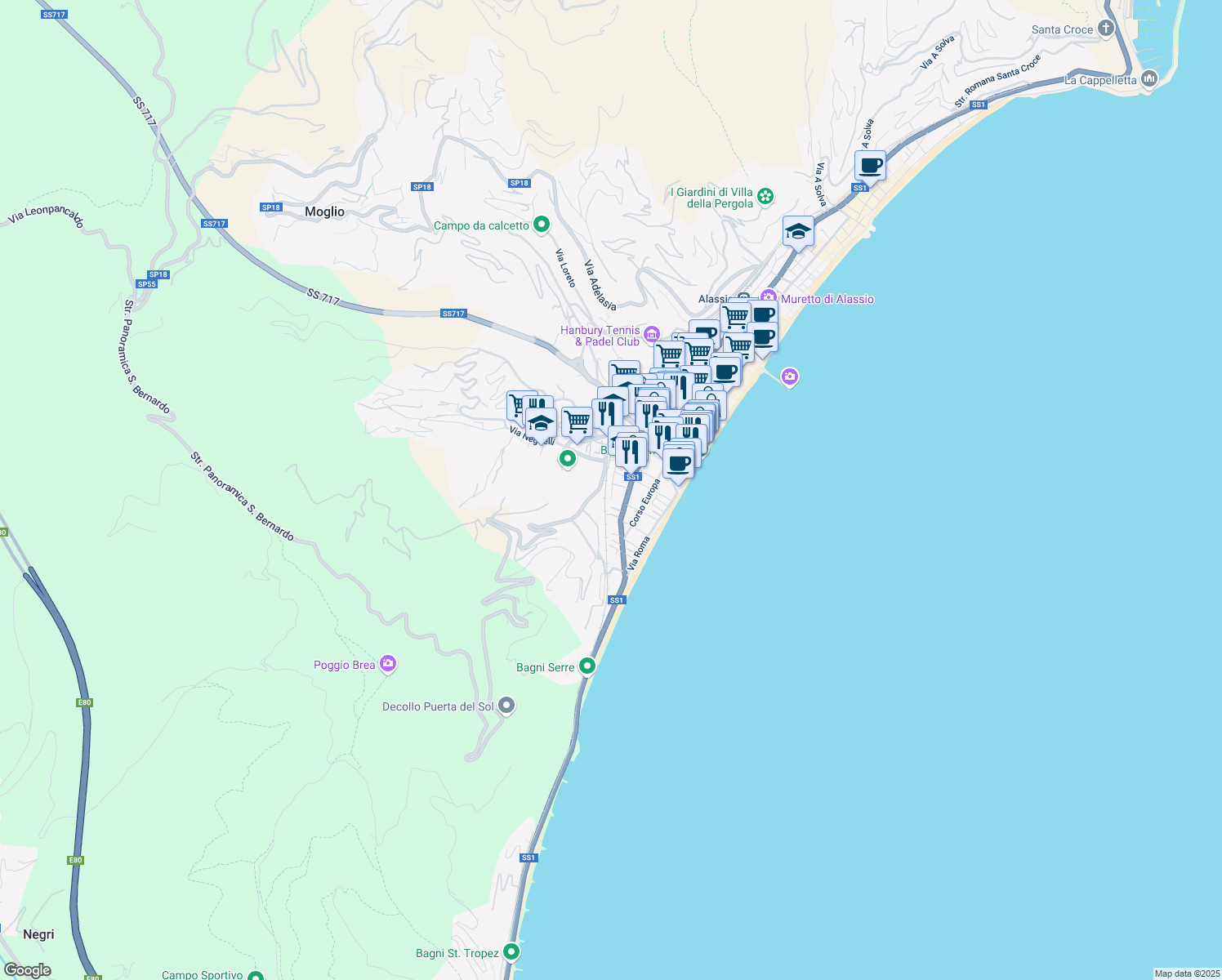 map of restaurants, bars, coffee shops, grocery stores, and more near 20A Via Privata Piani Romani in Alassio