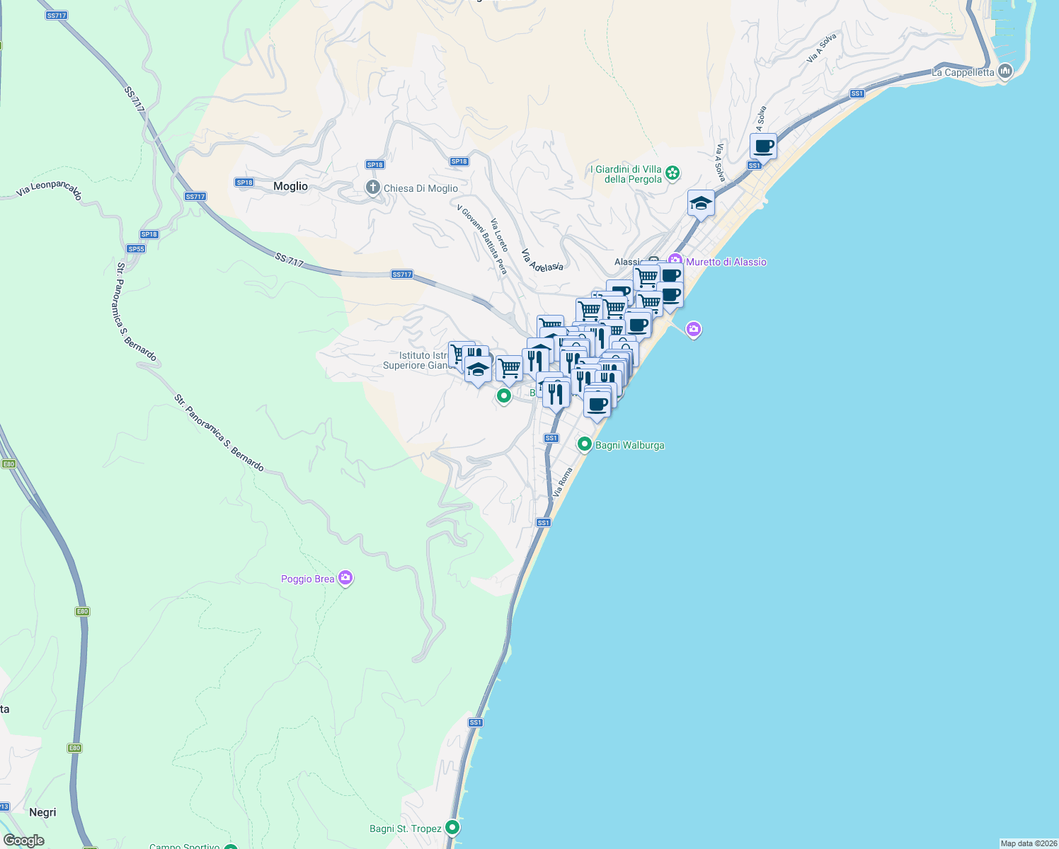 map of restaurants, bars, coffee shops, grocery stores, and more near 20A Via Privata Piani Romani in Alassio