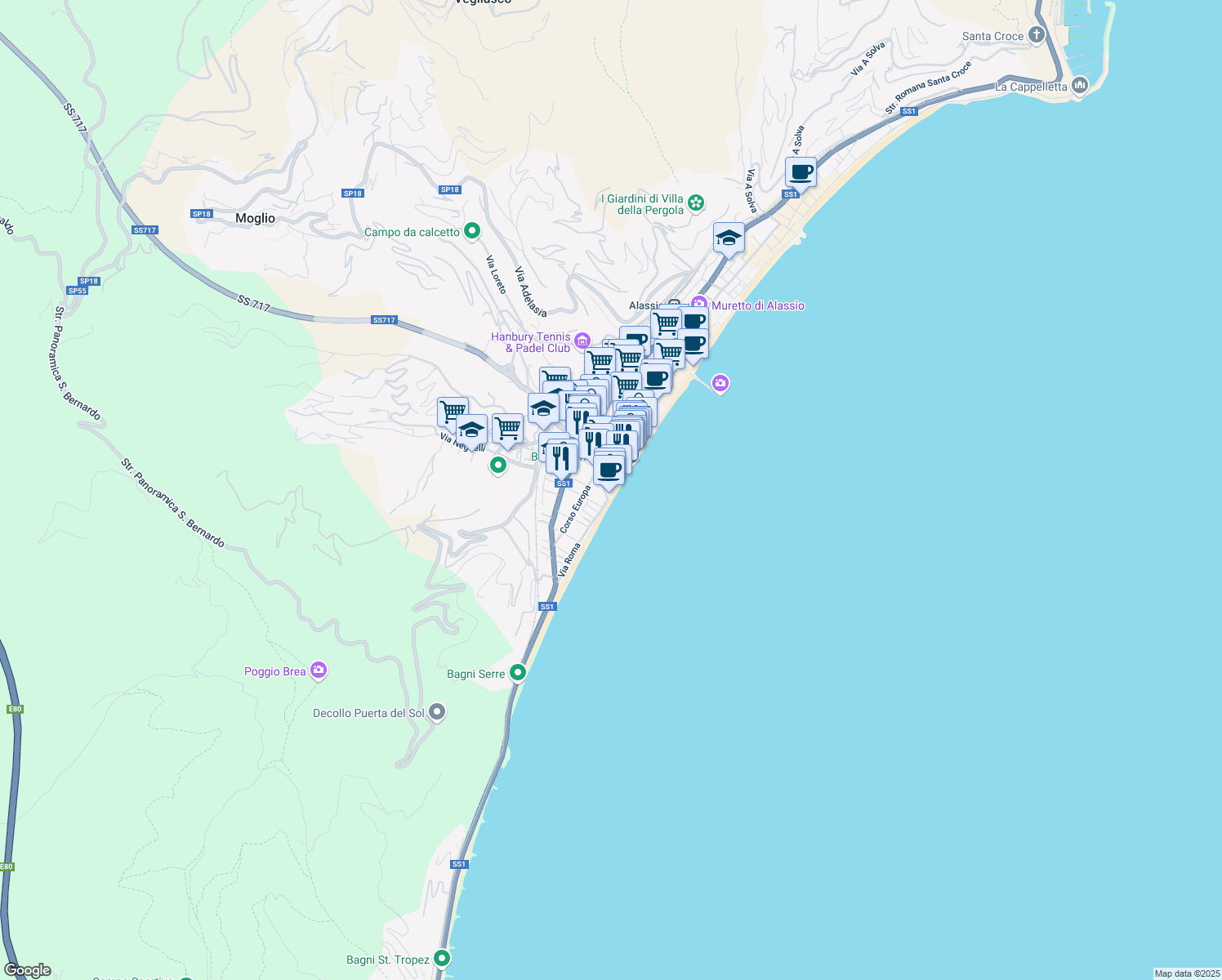 map of restaurants, bars, coffee shops, grocery stores, and more near 12 Via Don Boselli in Alassio