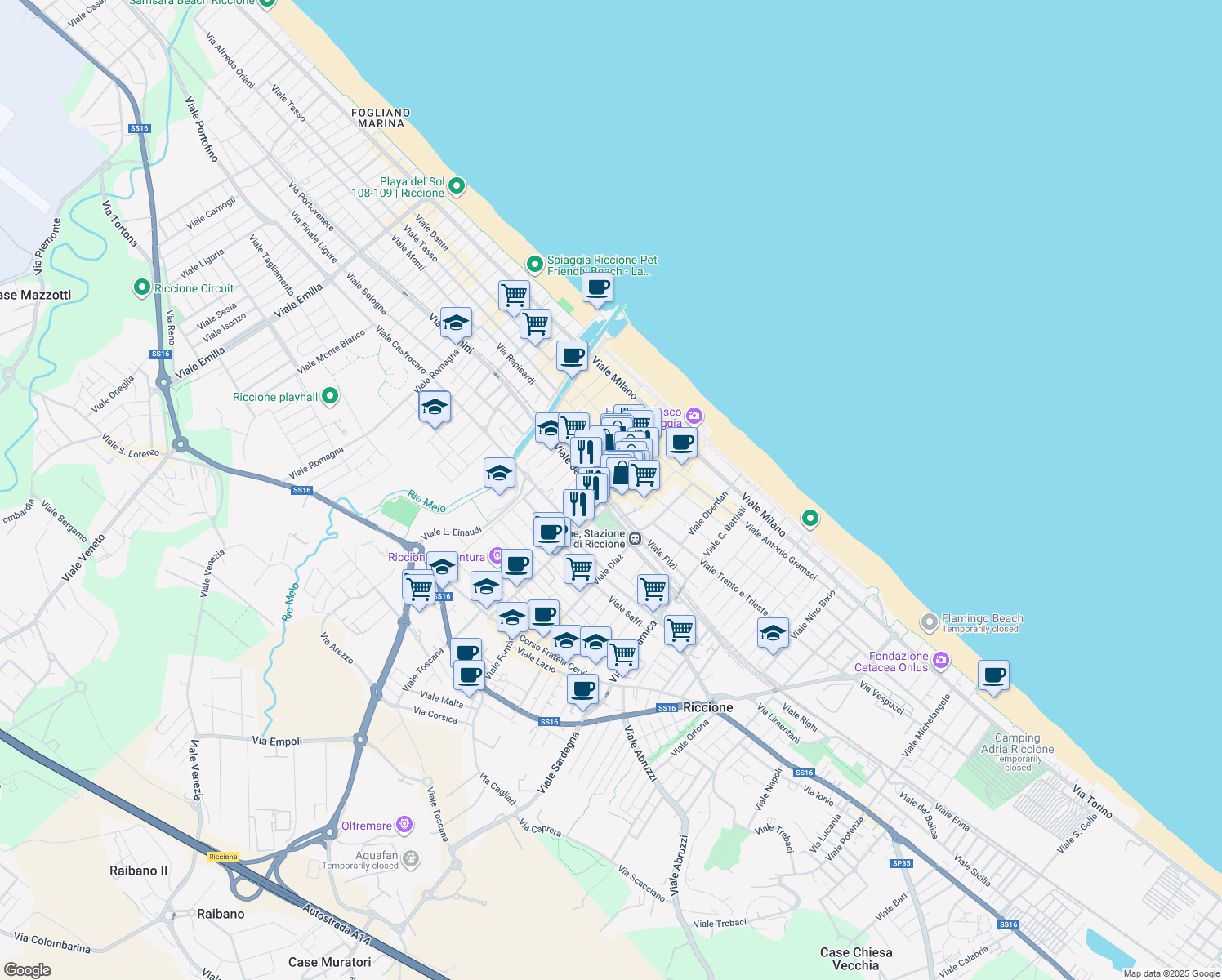 map of restaurants, bars, coffee shops, grocery stores, and more near 1 Via Catullo in Riccione