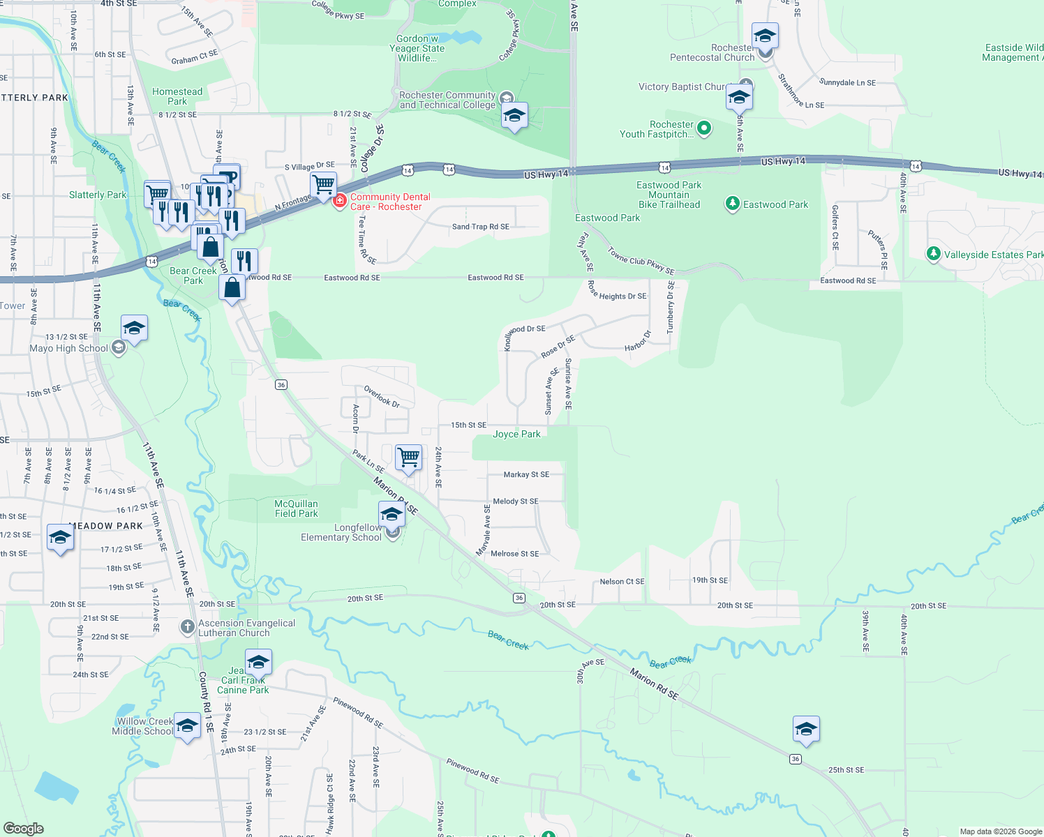 map of restaurants, bars, coffee shops, grocery stores, and more near 2801 15th Street Southeast in Rochester