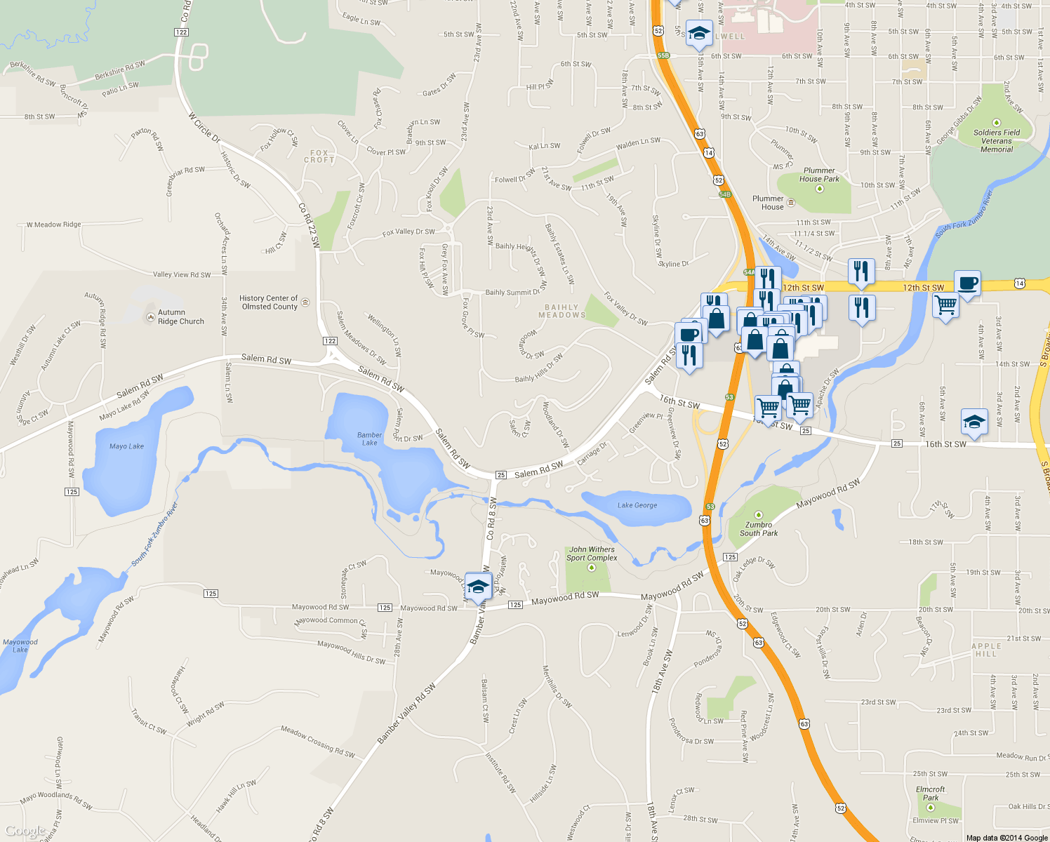 map of restaurants, bars, coffee shops, grocery stores, and more near 2310 Salem Heights Dr SW in Rochester