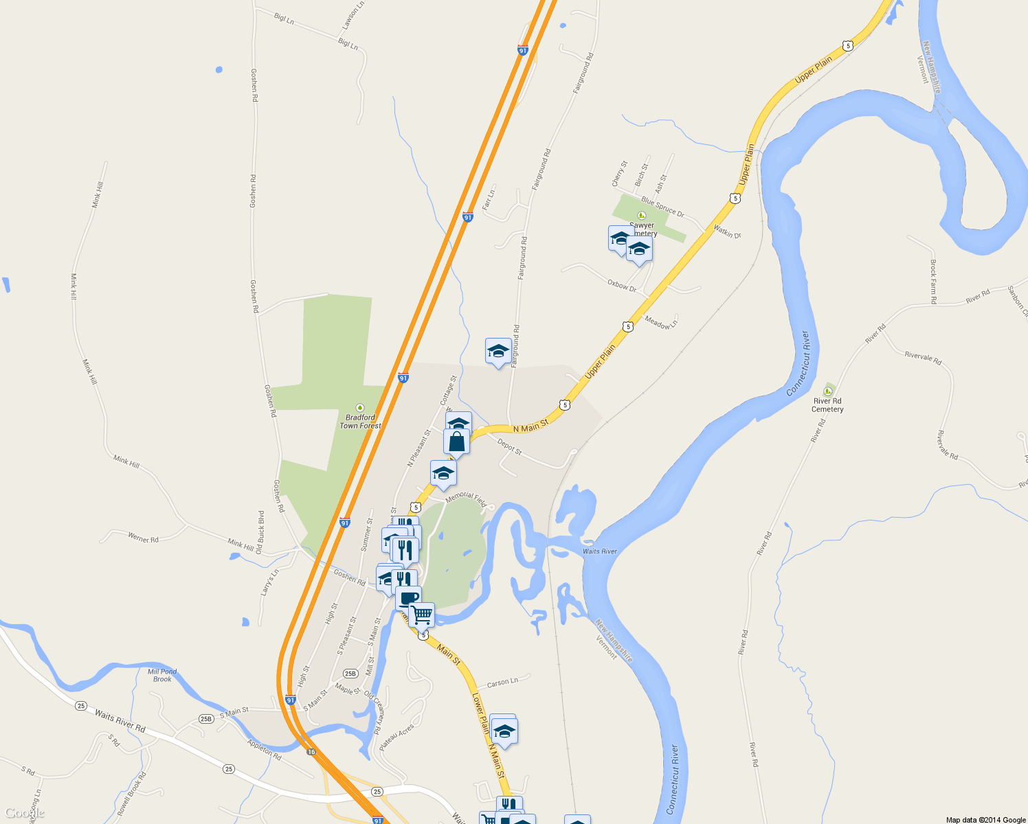 map of restaurants, bars, coffee shops, grocery stores, and more near 54 Fairground Rd in Bradford
