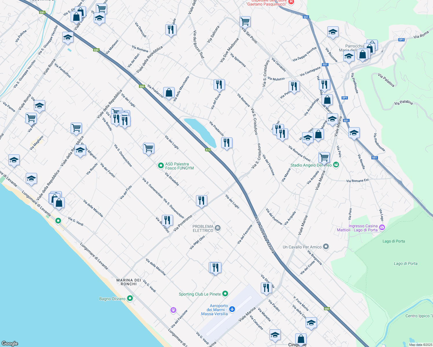 map of restaurants, bars, coffee shops, grocery stores, and more near 54 Via Volpina in Massa
