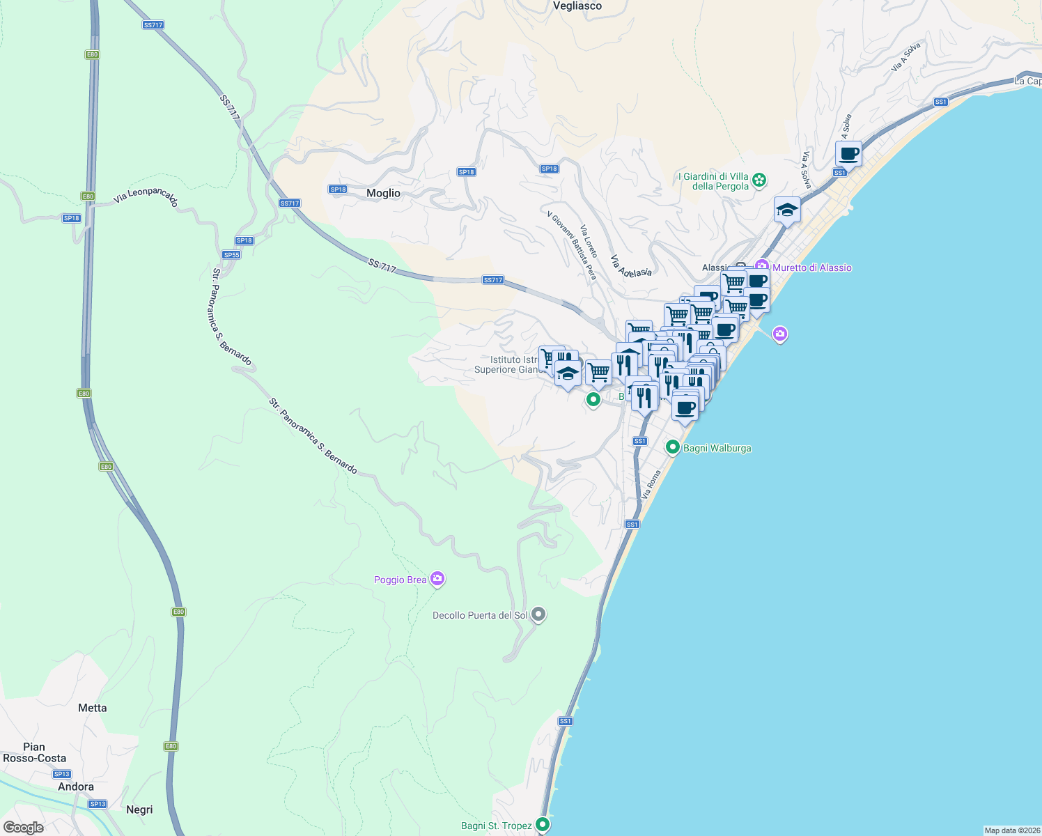 map of restaurants, bars, coffee shops, grocery stores, and more near 101 Via Solferino in Alassio