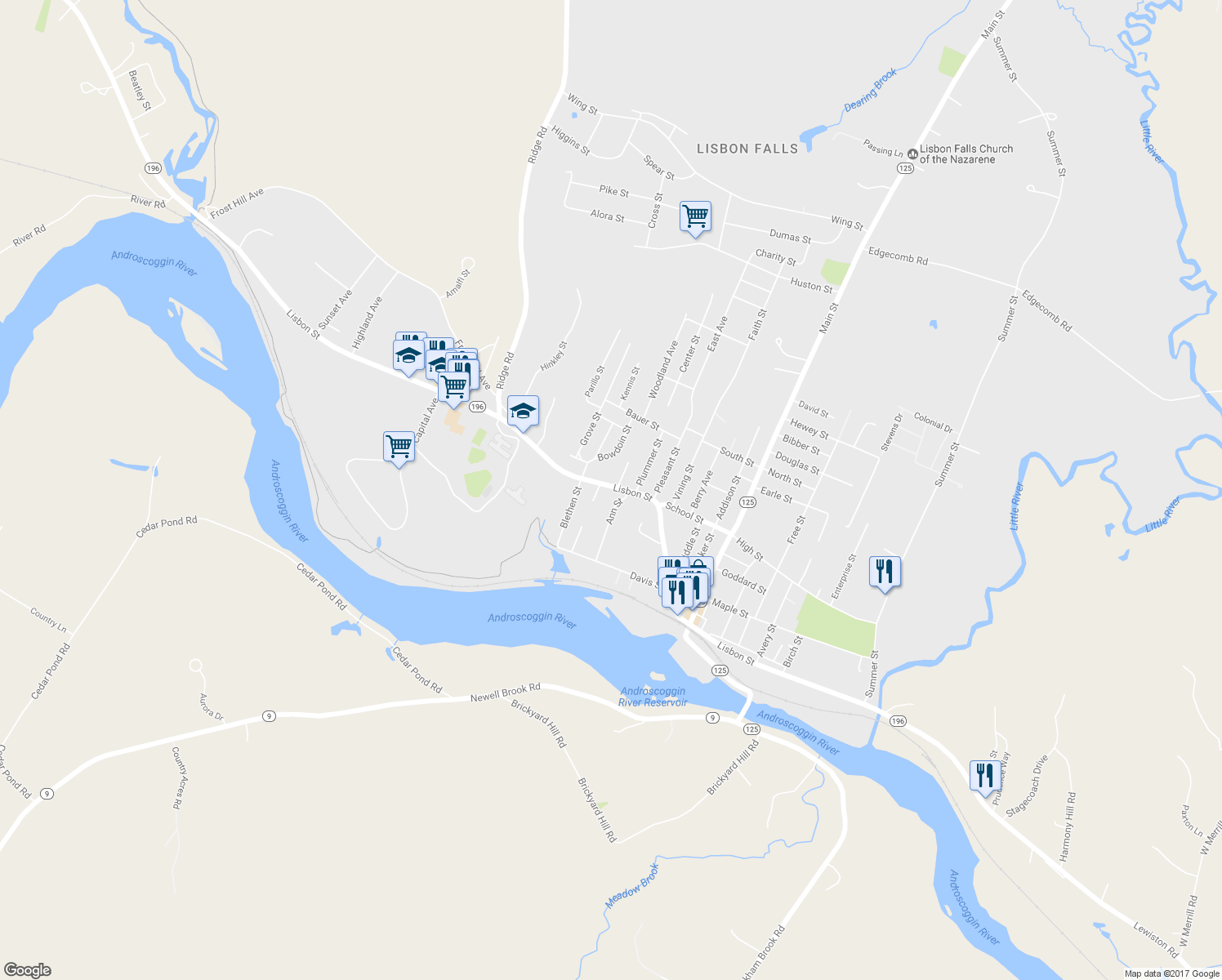 map of restaurants, bars, coffee shops, grocery stores, and more near 635 Lisbon Street in Lisbon