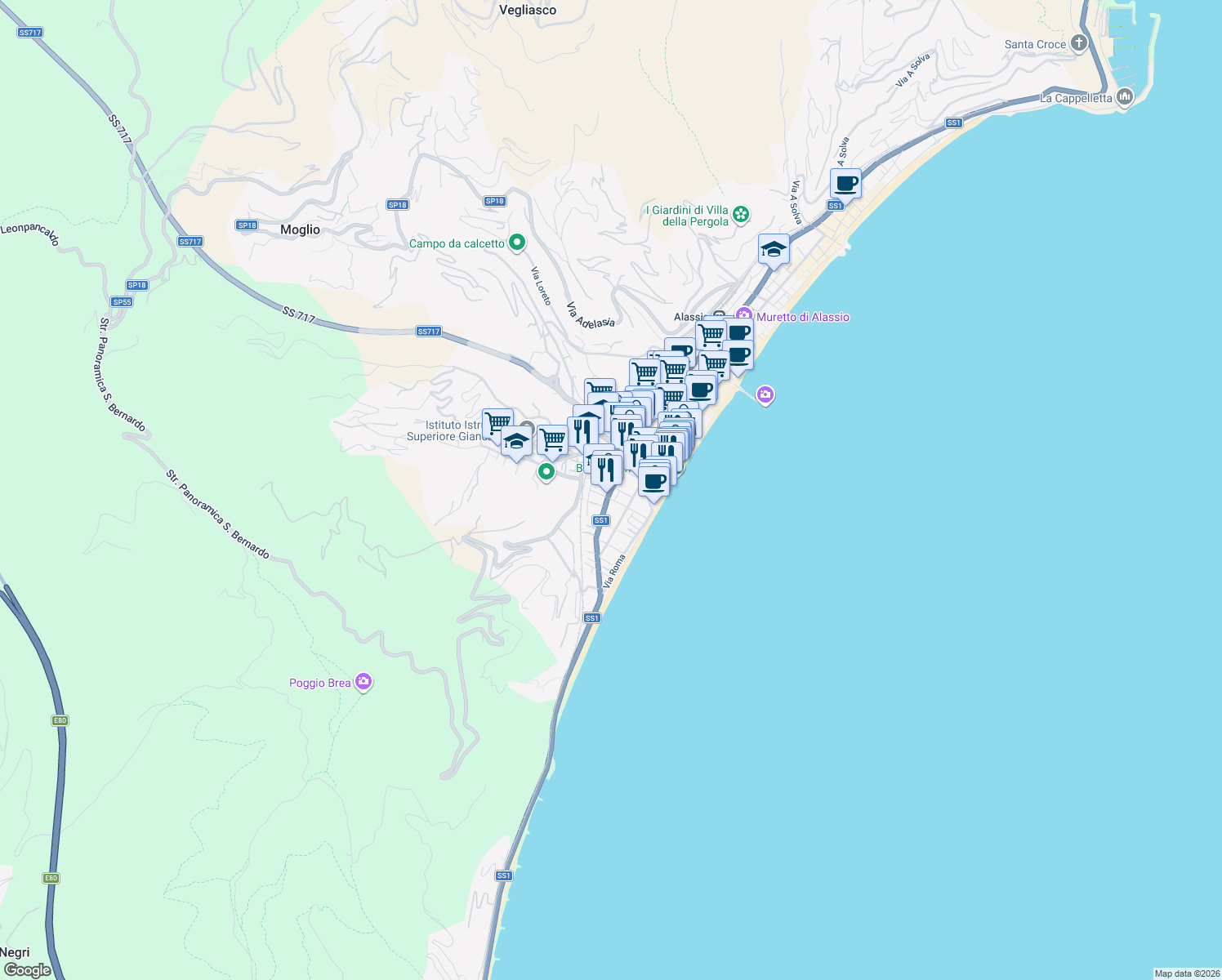 map of restaurants, bars, coffee shops, grocery stores, and more near 30 Via Privata Londra in Alassio