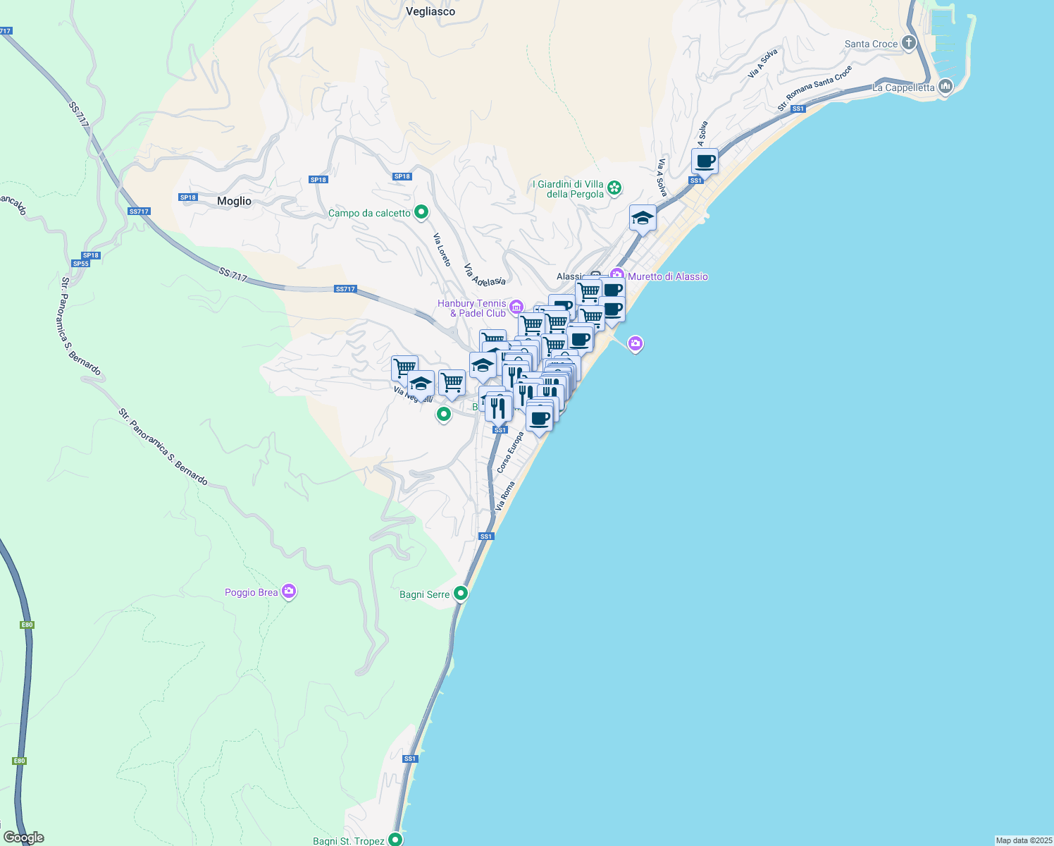 map of restaurants, bars, coffee shops, grocery stores, and more near 12 Via Don Boselli in Alassio