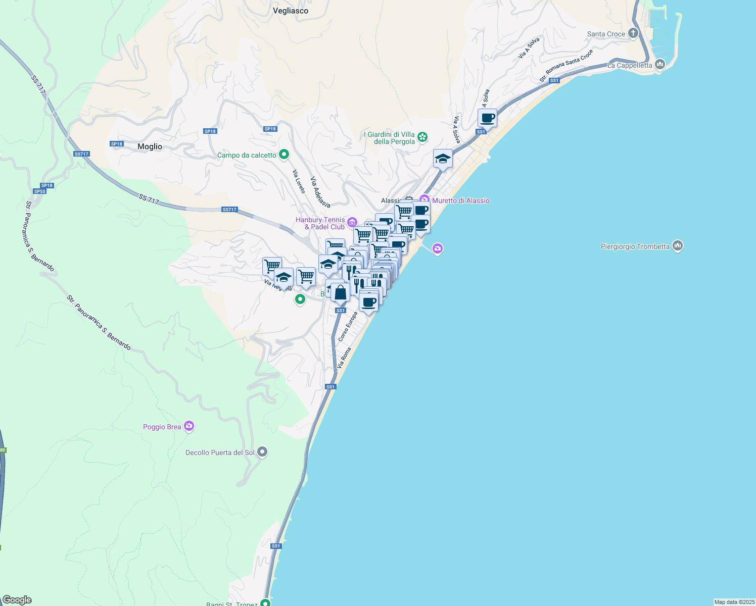 map of restaurants, bars, coffee shops, grocery stores, and more near 17 Via Roma in Alassio