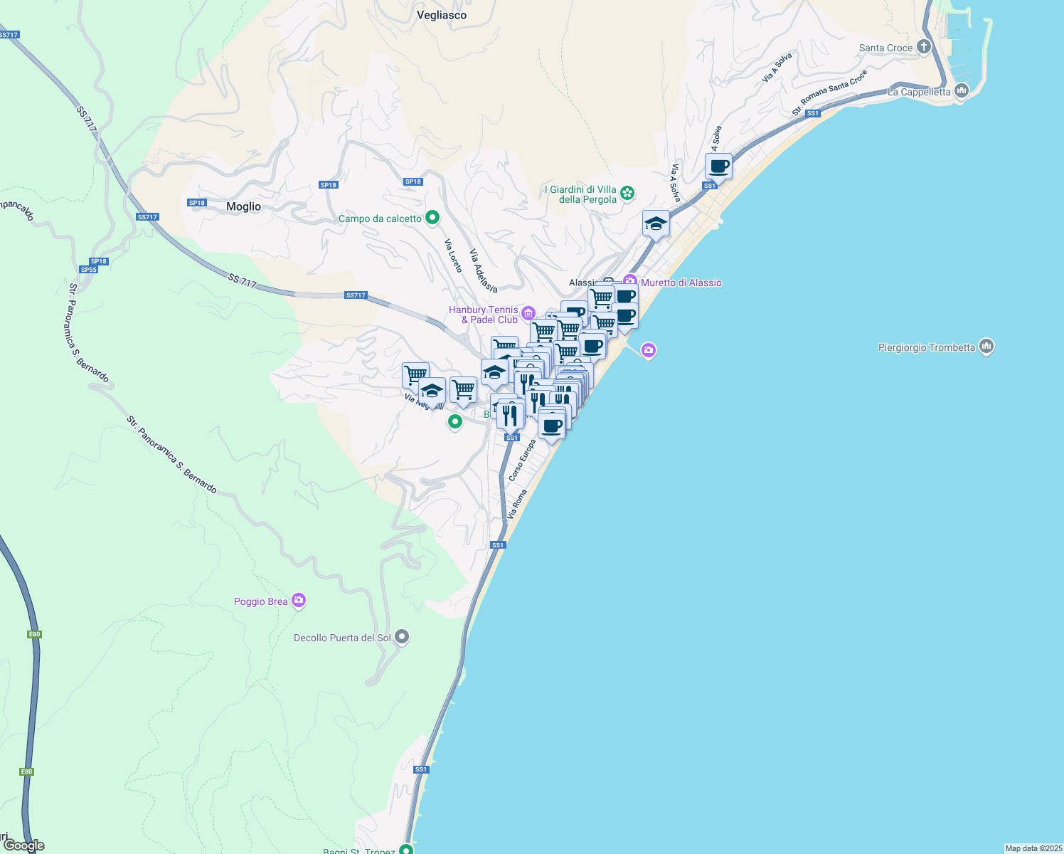 map of restaurants, bars, coffee shops, grocery stores, and more near 10 Via Don Boselli in Alassio