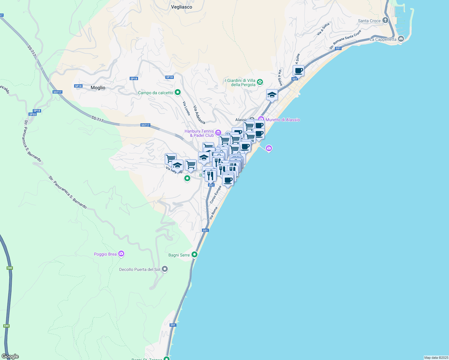 map of restaurants, bars, coffee shops, grocery stores, and more near 12 Via Don Boselli in Alassio