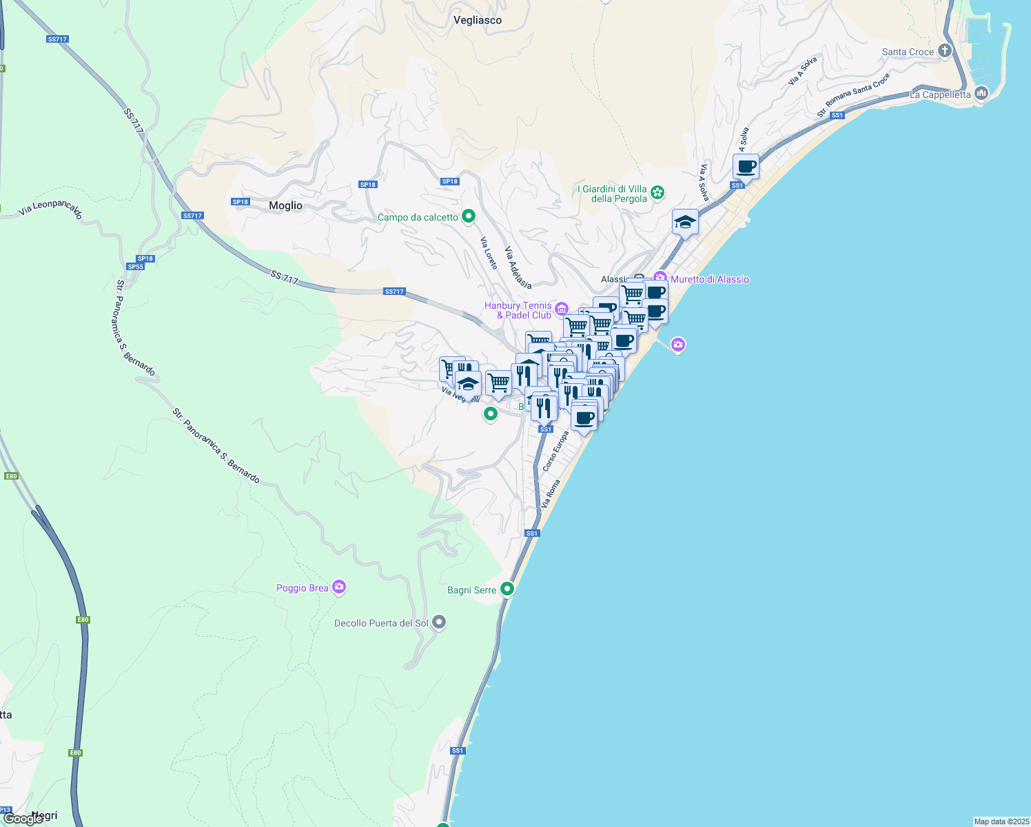 map of restaurants, bars, coffee shops, grocery stores, and more near 75 Via Paolo Ferreri in Alassio