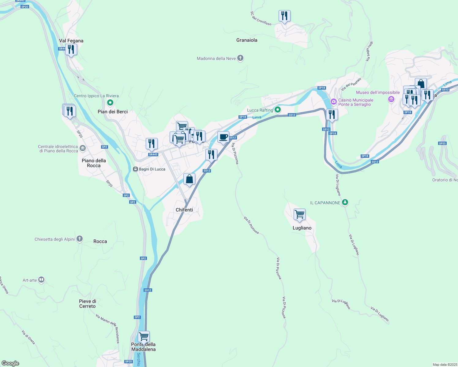 map of restaurants, bars, coffee shops, grocery stores, and more near 12 Via di Pizzorna in Provincia di Lucca