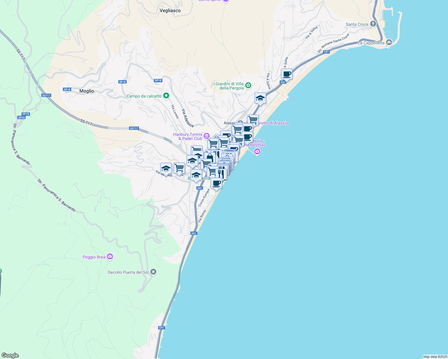 map of restaurants, bars, coffee shops, grocery stores, and more near 37 Via Brennero in Alassio