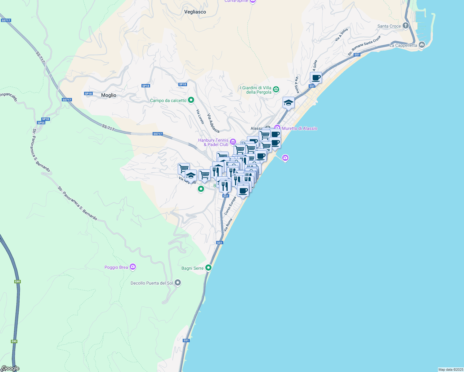 map of restaurants, bars, coffee shops, grocery stores, and more near 76 Via Paolo Ferreri in Alassio