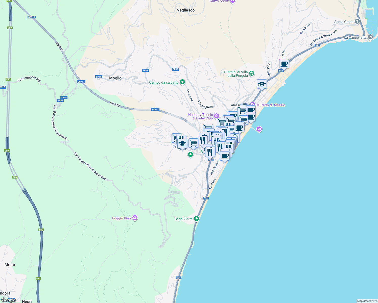 map of restaurants, bars, coffee shops, grocery stores, and more near 77 Via Privata Neghelli in Alassio
