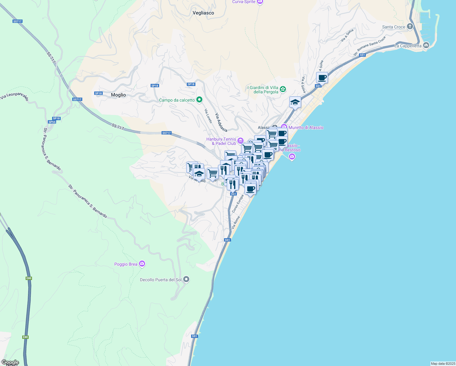 map of restaurants, bars, coffee shops, grocery stores, and more near 75 Via Paolo Ferreri in Alassio