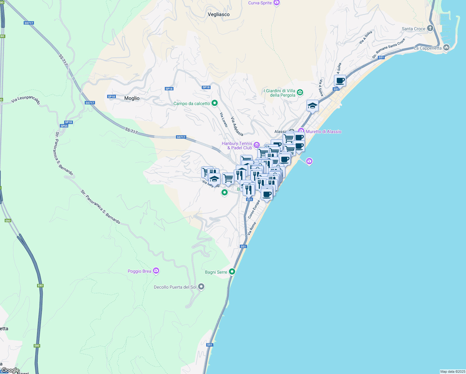 map of restaurants, bars, coffee shops, grocery stores, and more near 16 Via Neghelli in Alassio