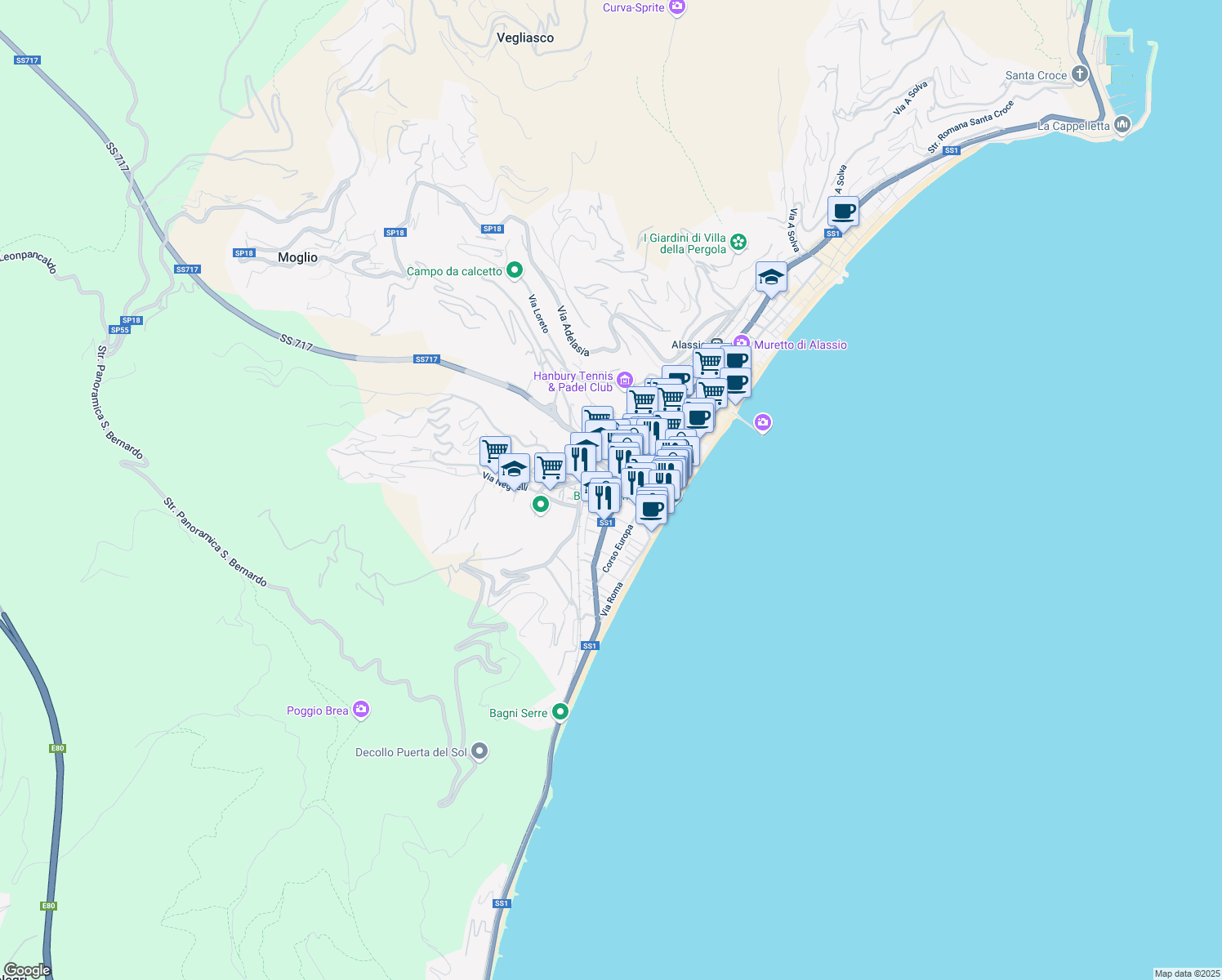 map of restaurants, bars, coffee shops, grocery stores, and more near 76 Via Paolo Ferreri in Alassio