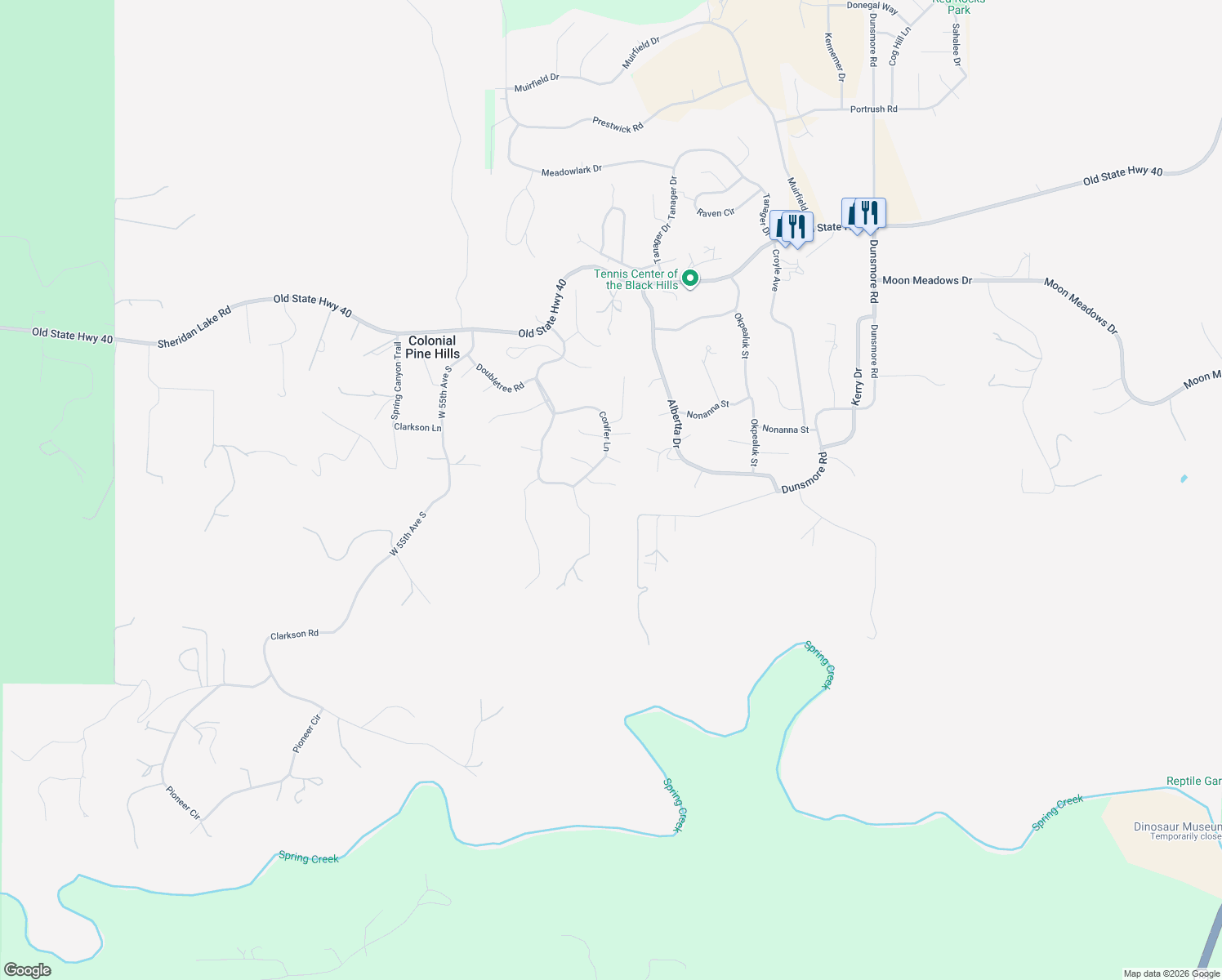 map of restaurants, bars, coffee shops, grocery stores, and more near 5200-5498 Scrub Oak Circle in Rapid City