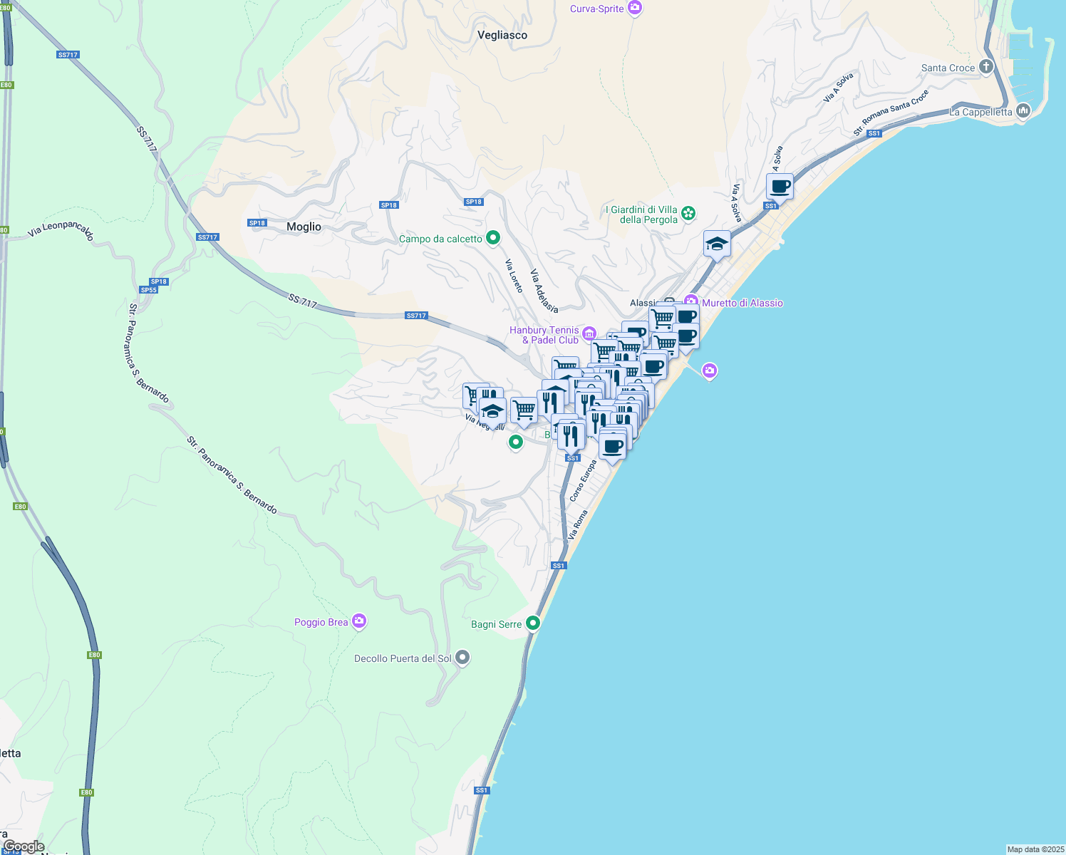 map of restaurants, bars, coffee shops, grocery stores, and more near 16 Via Neghelli in Alassio