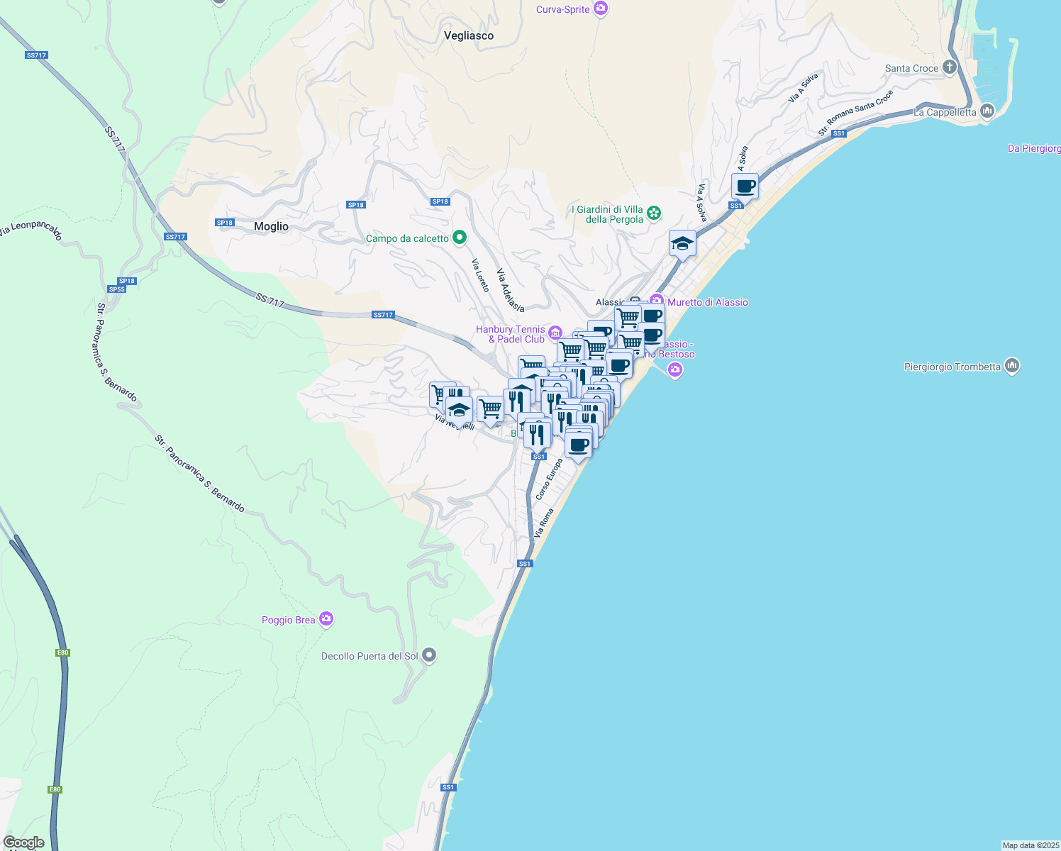 map of restaurants, bars, coffee shops, grocery stores, and more near 75 Via P. Ferreri in Alassio