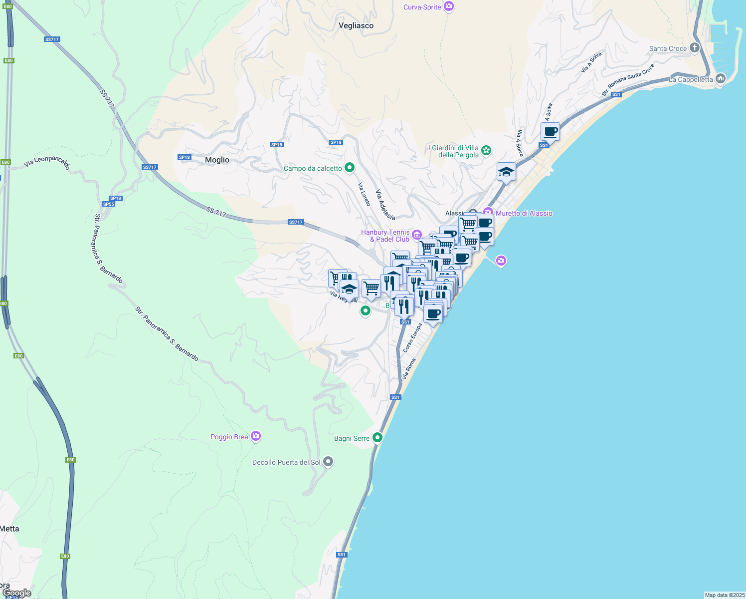 map of restaurants, bars, coffee shops, grocery stores, and more near 16 Via Neghelli in Alassio