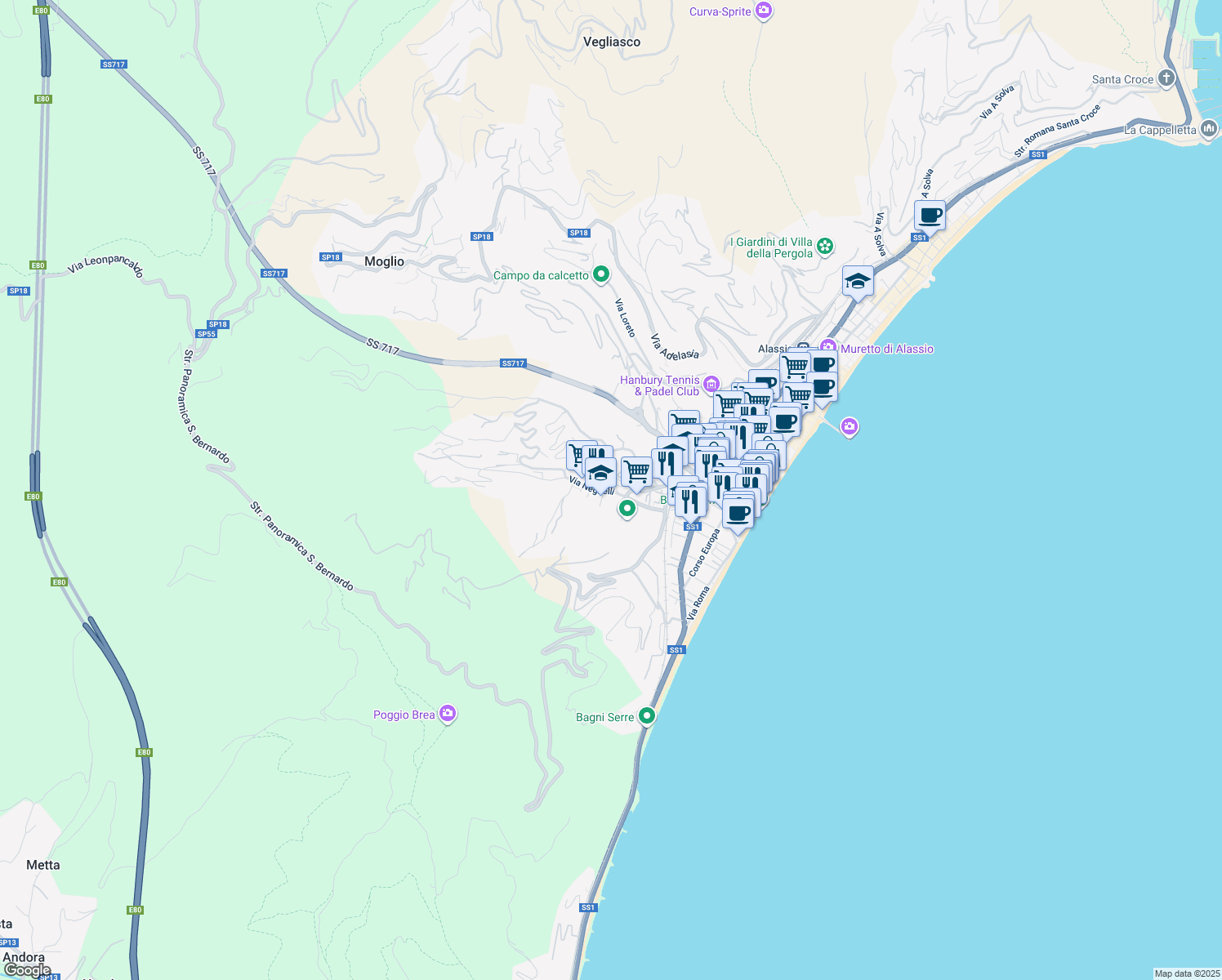 map of restaurants, bars, coffee shops, grocery stores, and more near 77 Via Privata Neghelli in Alassio
