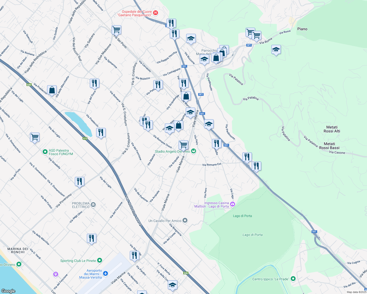 map of restaurants, bars, coffee shops, grocery stores, and more near 12 Via Acquala in Capanne-prato-cinquale