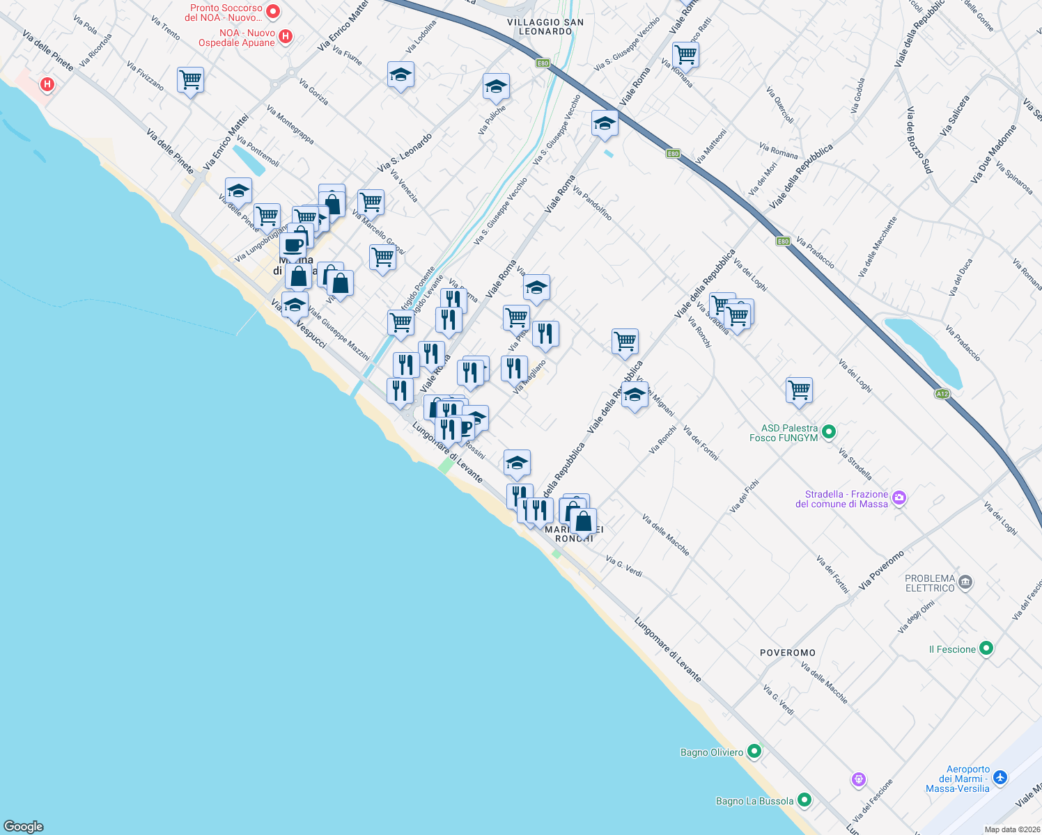 map of restaurants, bars, coffee shops, grocery stores, and more near 6 Via Montecatini in Massa