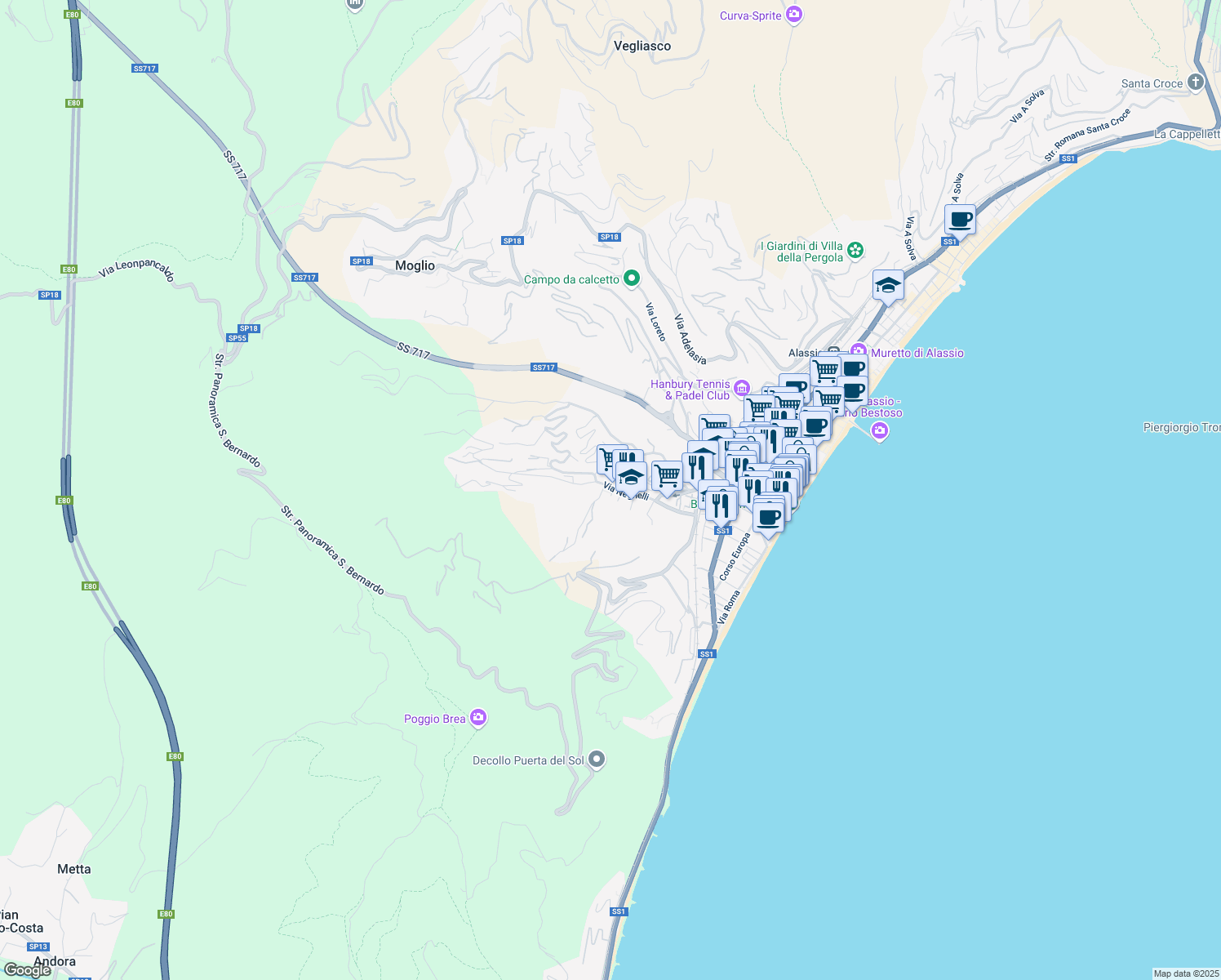 map of restaurants, bars, coffee shops, grocery stores, and more near 121 Via Neghelli in Alassio